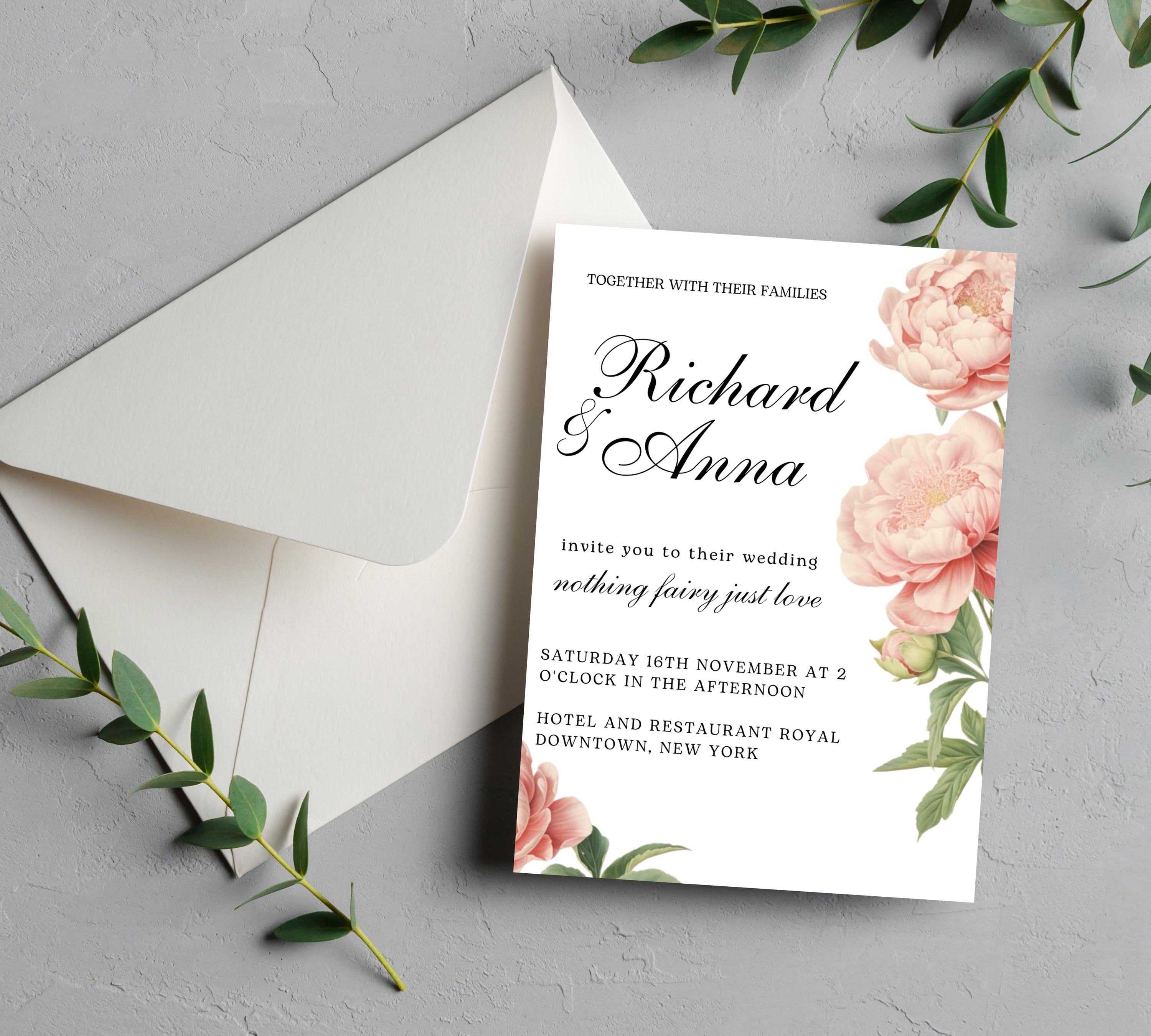 Editable Elegant Peony Floral  Wedding Invitation Bundle, Blush pink Peony Wedding Invitation set, Printable PEONY Wedding Invitation