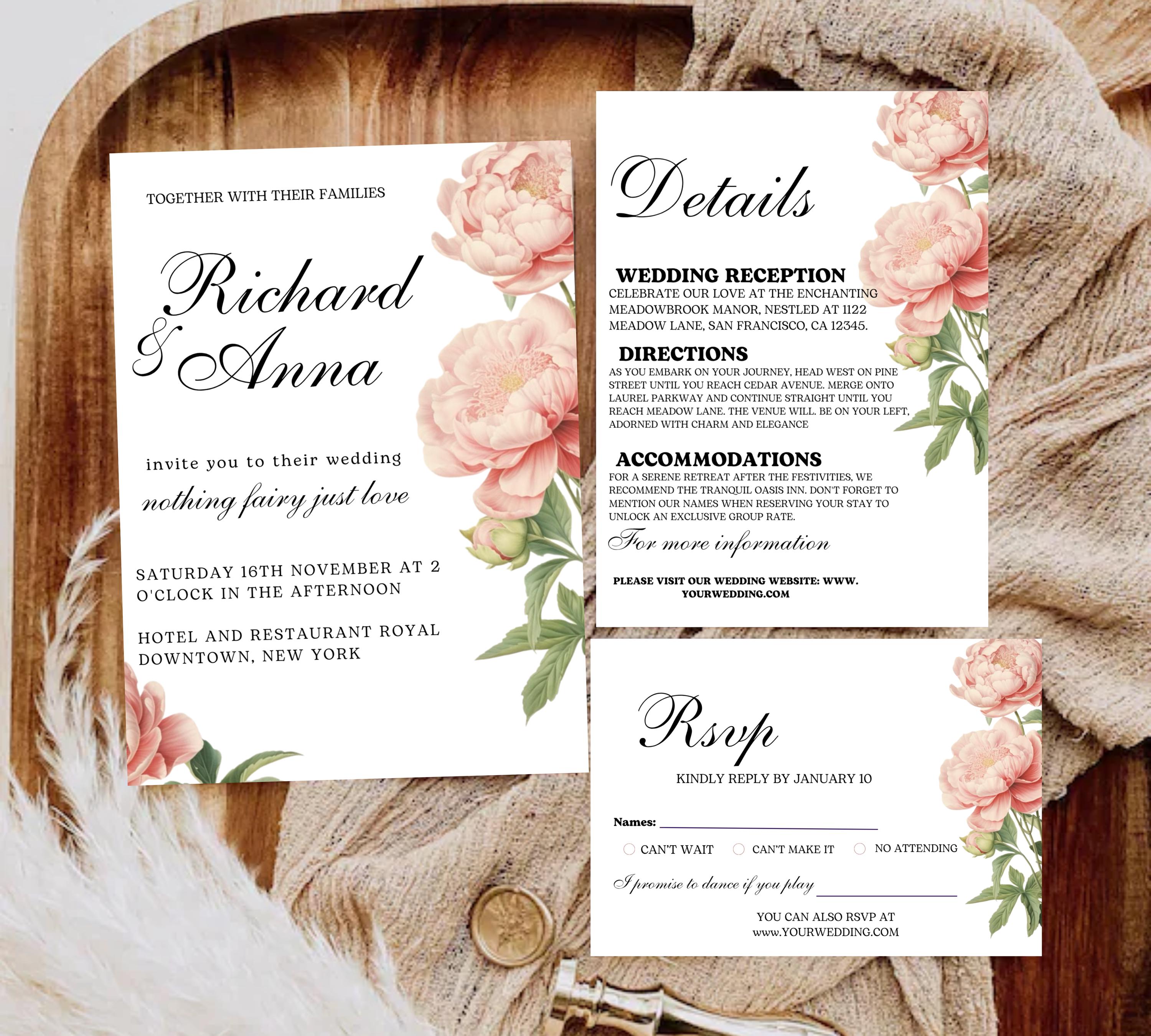 Editable Elegant Peony Floral  Wedding Invitation Bundle, Blush pink Peony Wedding Invitation set, Printable PEONY Wedding Invitation