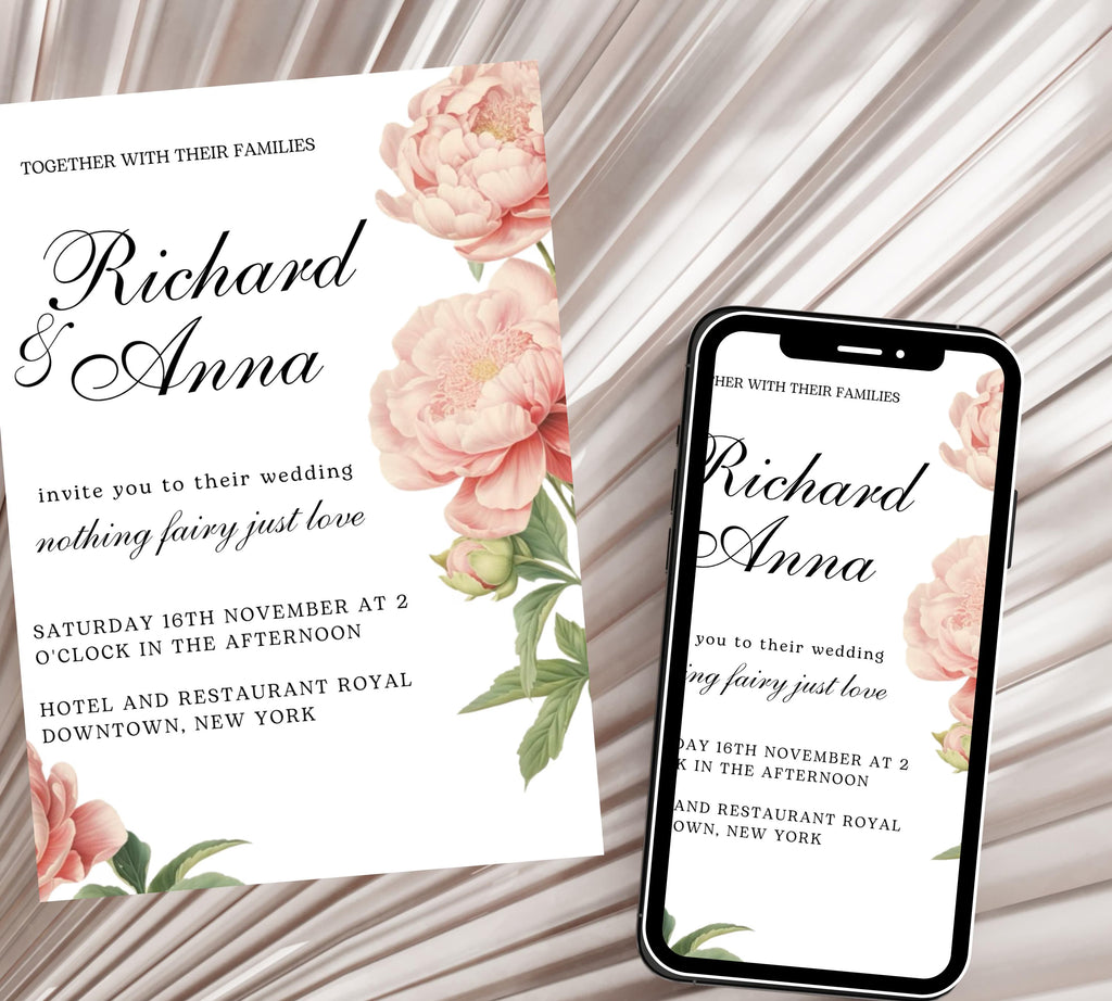 Editable Elegant Peony Floral  Wedding Invitation Bundle, Blush pink Peony Wedding Invitation set, Printable PEONY Wedding Invitation