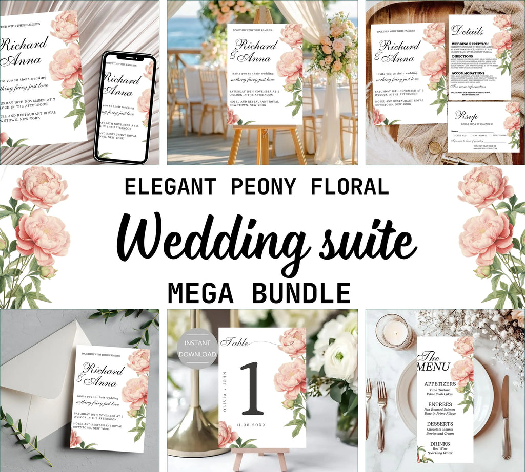 Editable Elegant Peony Floral  Wedding Invitation Bundle, Blush pink Peony Wedding Invitation set, Printable PEONY Wedding Invitation