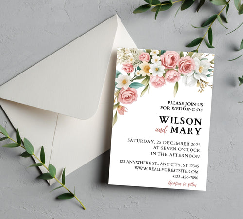 Blush Rose Garden Wedding Invitation bundle, Garden Wedding Invitation, Dusty Pink Wedding Invite, Pink Wildflower Wedding Invitation Suite