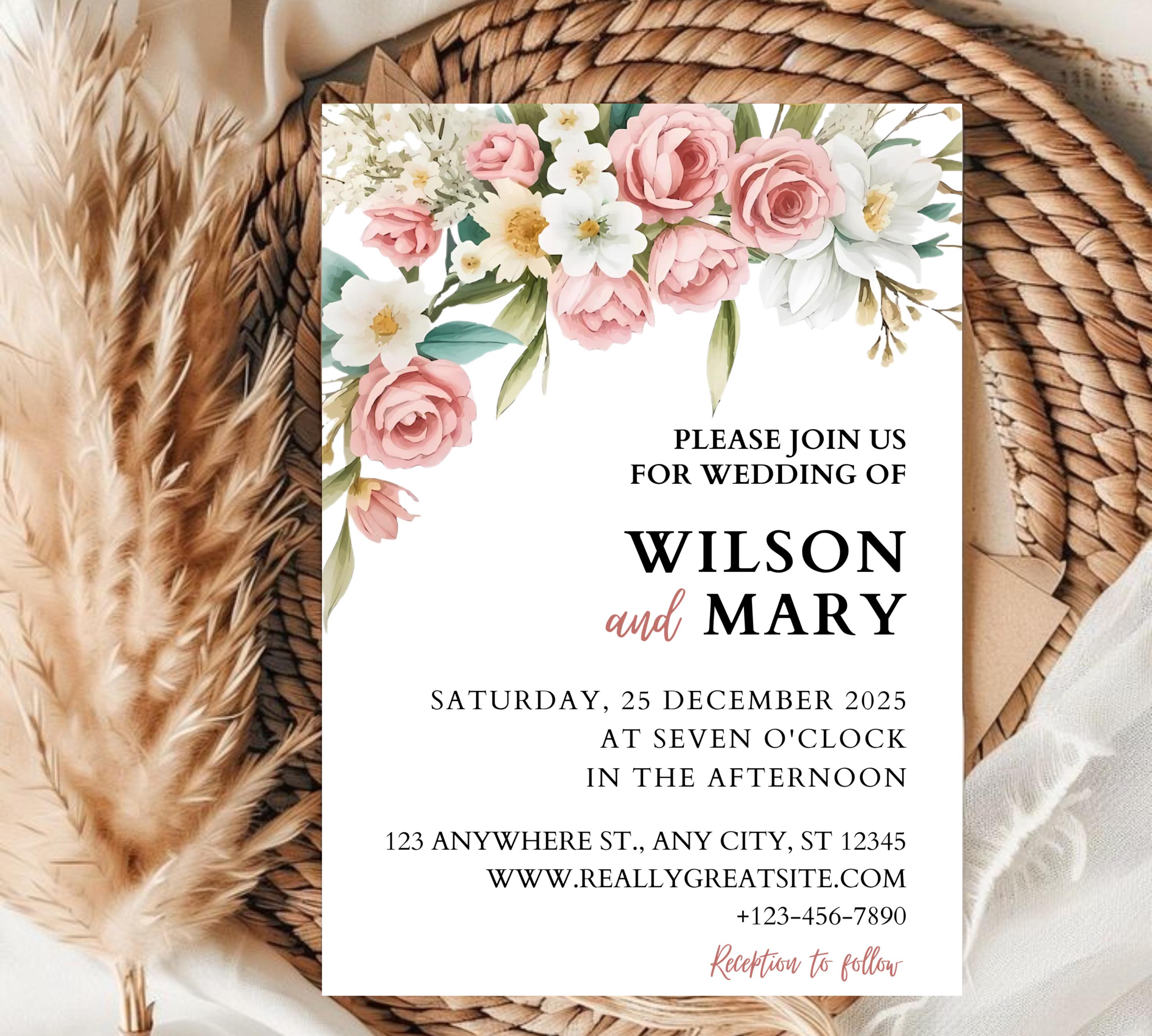 Blush Rose Garden Wedding Invitation bundle, Garden Wedding Invitation, Dusty Pink Wedding Invite, Pink Wildflower Wedding Invitation Suite