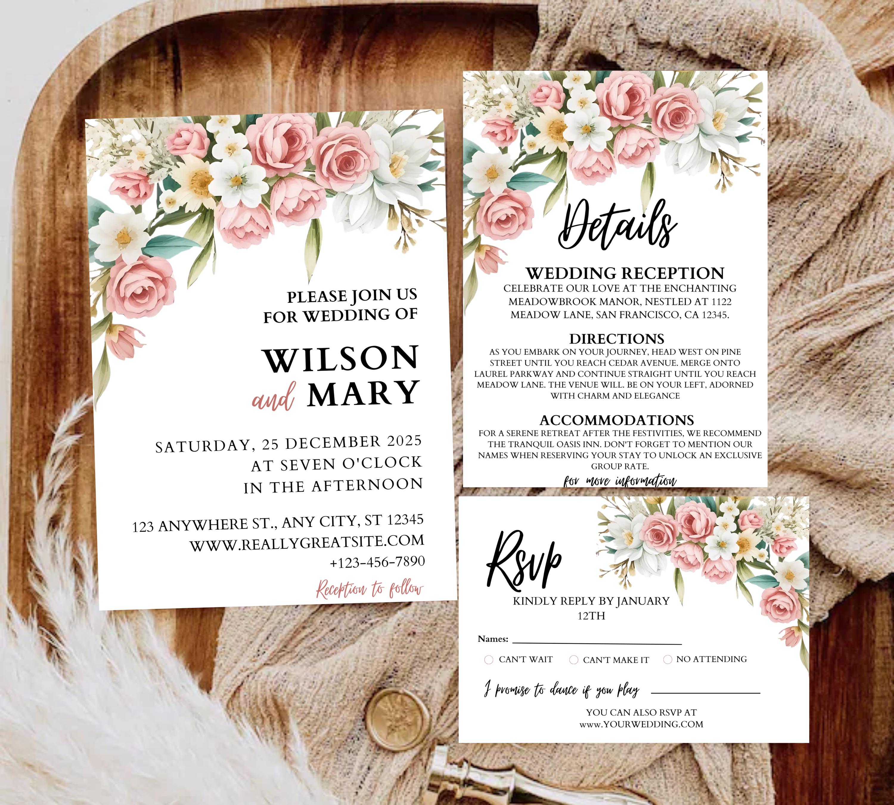 Blush Rose Garden Wedding Invitation bundle, Garden Wedding Invitation, Dusty Pink Wedding Invite, Pink Wildflower Wedding Invitation Suite