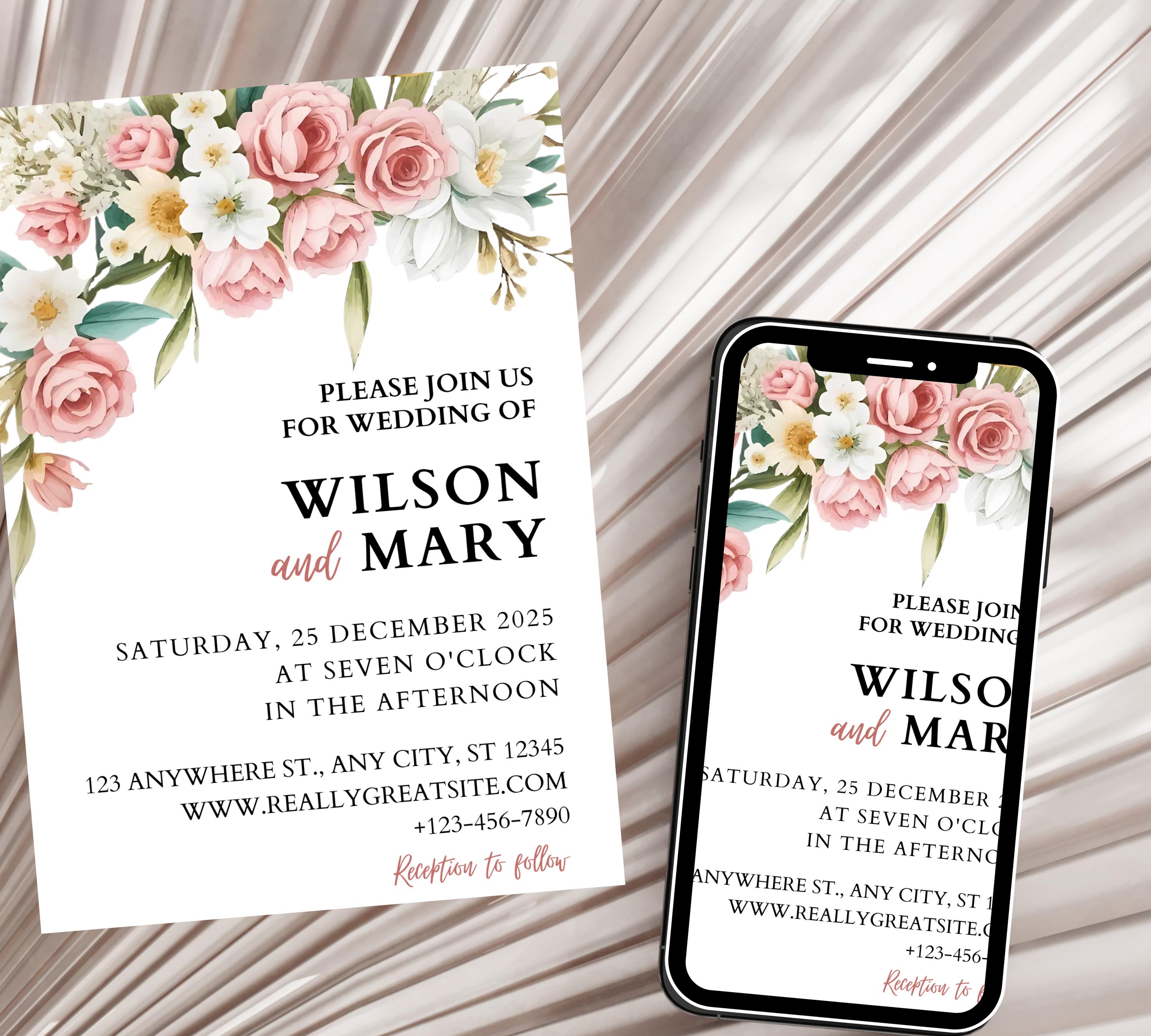 Blush Rose Garden Wedding Invitation bundle, Garden Wedding Invitation, Dusty Pink Wedding Invite, Pink Wildflower Wedding Invitation Suite