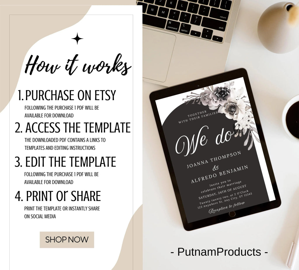 Modern Floral Arch Wedding Invitation bundle, Elegant Minimalist Peonies Invite set, Black & White Floral Arch Wedding Invitation suite