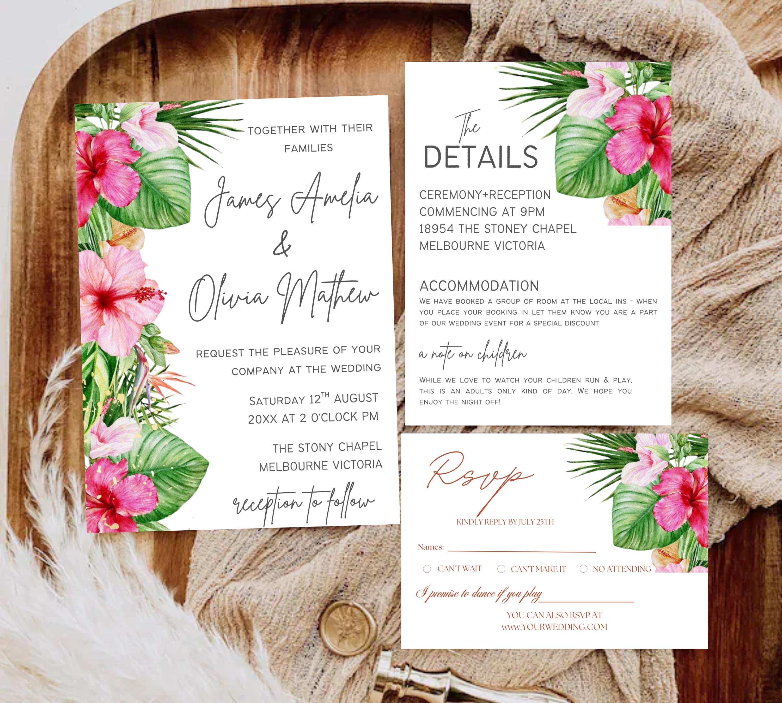 Editable Tropical Floral Wedding Invitations bundle, Printable Wedding Invite set, Tropical Floral Canva Template, DIY Wedding Invitation