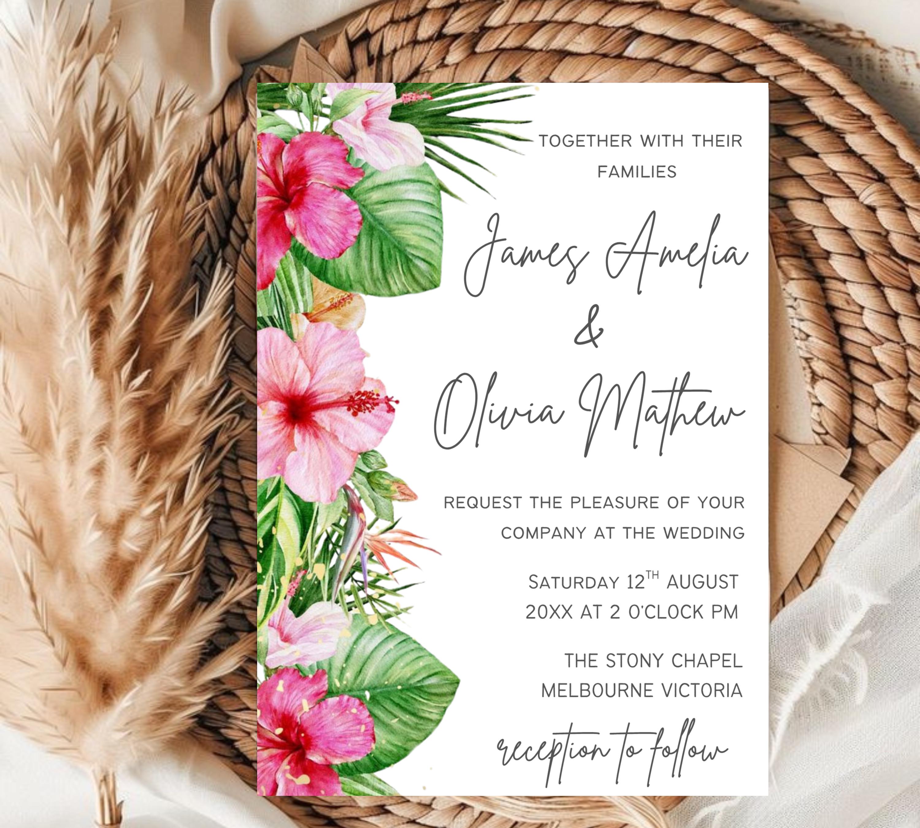 Editable Tropical Floral Wedding Invitations bundle, Printable Wedding Invite set, Tropical Floral Canva Template, DIY Wedding Invitation