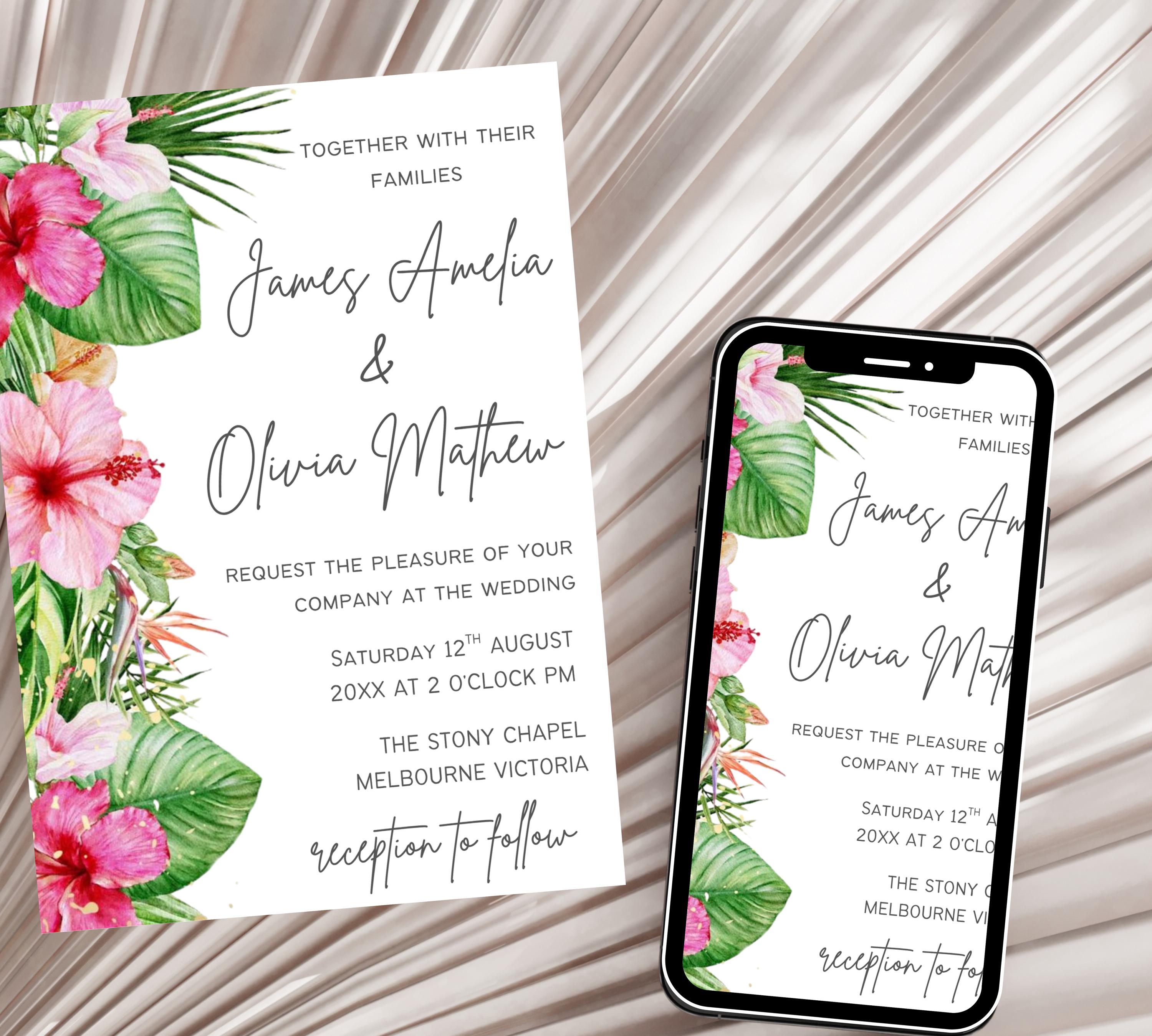 Editable Tropical Floral Wedding Invitations bundle, Printable Wedding Invite set, Tropical Floral Canva Template, DIY Wedding Invitation
