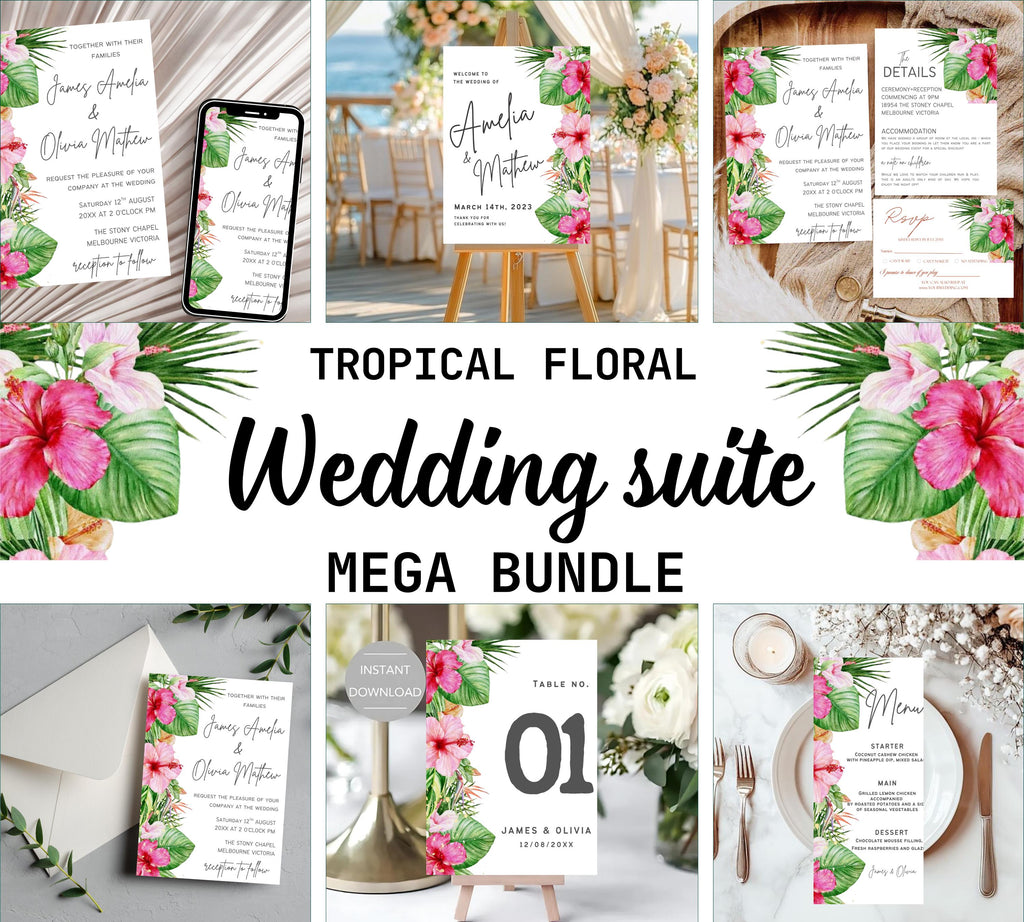 Editable Tropical Floral Wedding Invitations bundle, Printable Wedding Invite set, Tropical Floral Canva Template, DIY Wedding Invitation