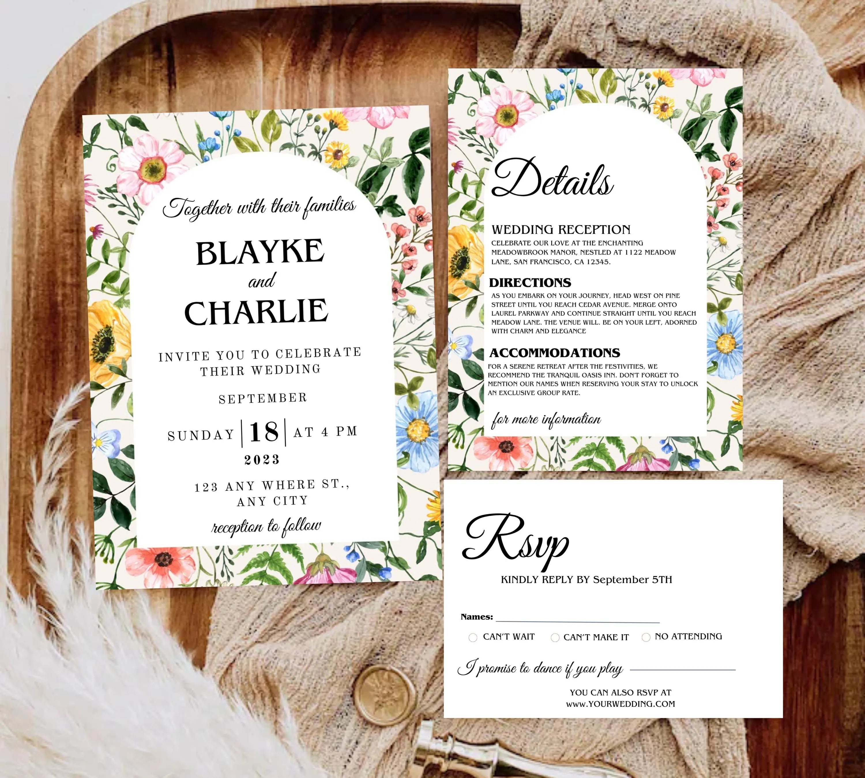 Editable Wildflower Meadow Wedding Invitation bundle, Pastel Wildflower Wedding Invitation set, Elegant Garden Flowers Wedding Invite