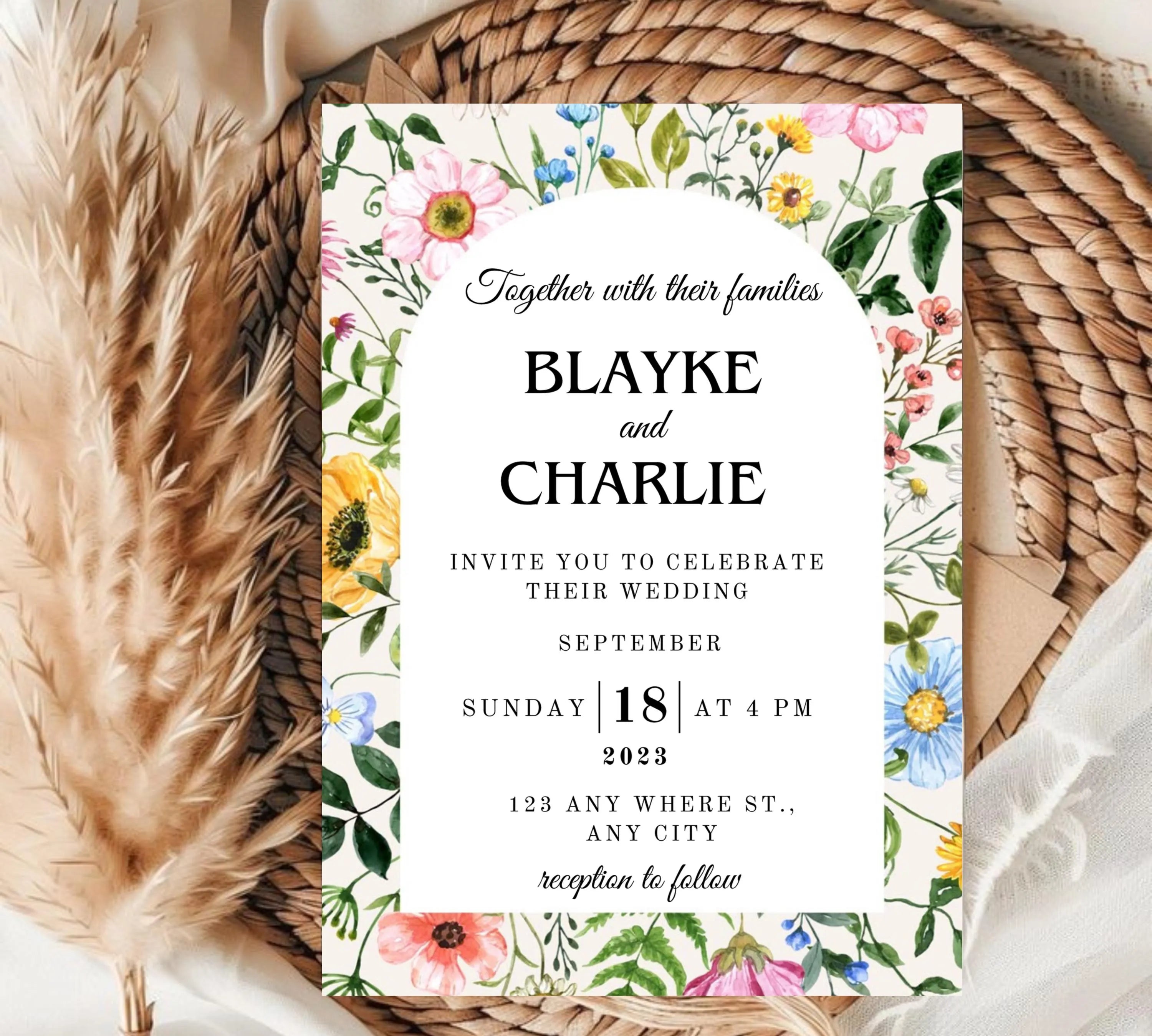 Editable Wildflower Meadow Wedding Invitation bundle, Pastel Wildflower Wedding Invitation set, Elegant Garden Flowers Wedding Invite