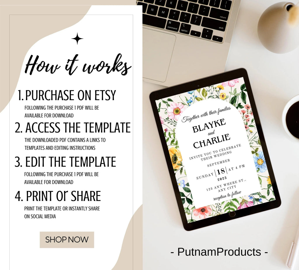 Editable Wildflower Meadow Wedding Invitation bundle, Pastel Wildflower Wedding Invitation set, Elegant Garden Flowers Wedding Invite