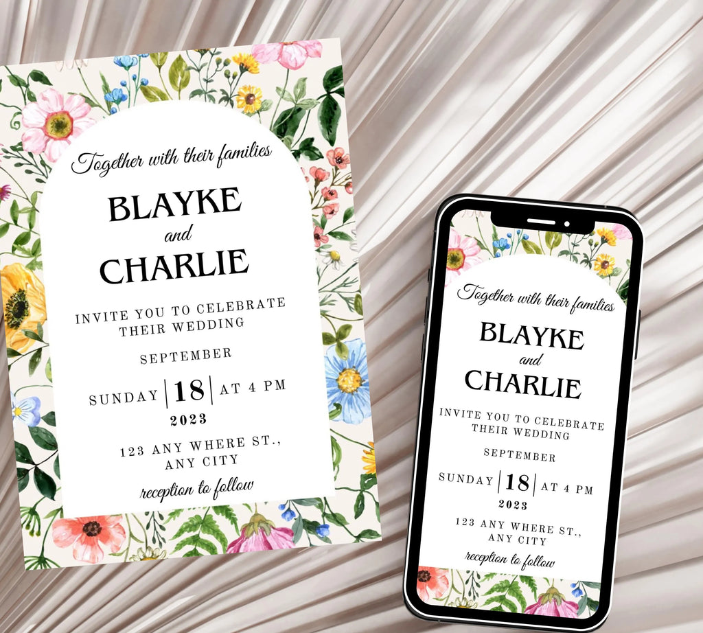 Editable Wildflower Meadow Wedding Invitation bundle, Pastel Wildflower Wedding Invitation set, Elegant Garden Flowers Wedding Invite