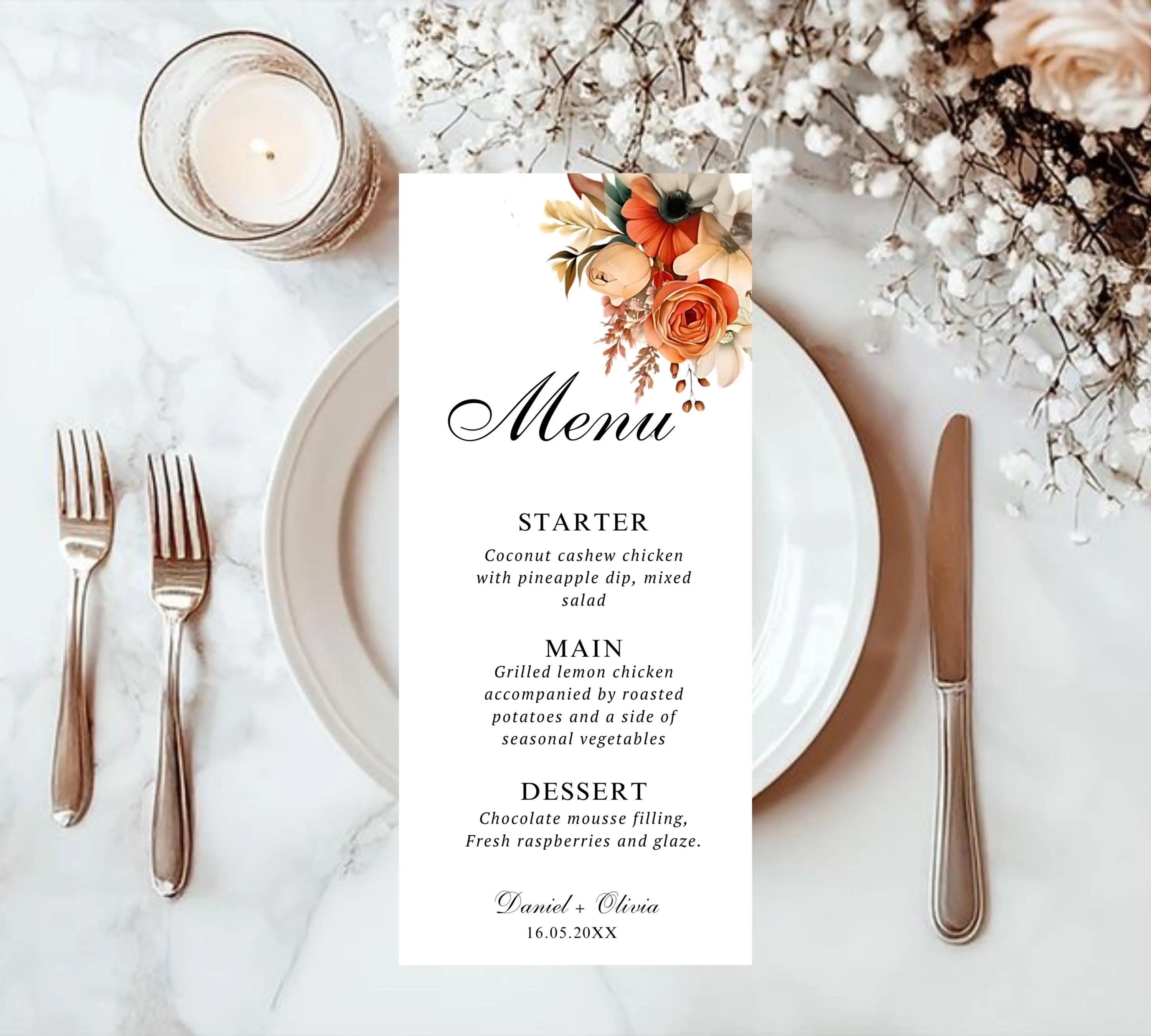 Terracotta and Rose Floral Wedding invitation bundle, Floral Elegant Wedding Invite set, Printable Modern Burnt Orange Rose Wedding Invite