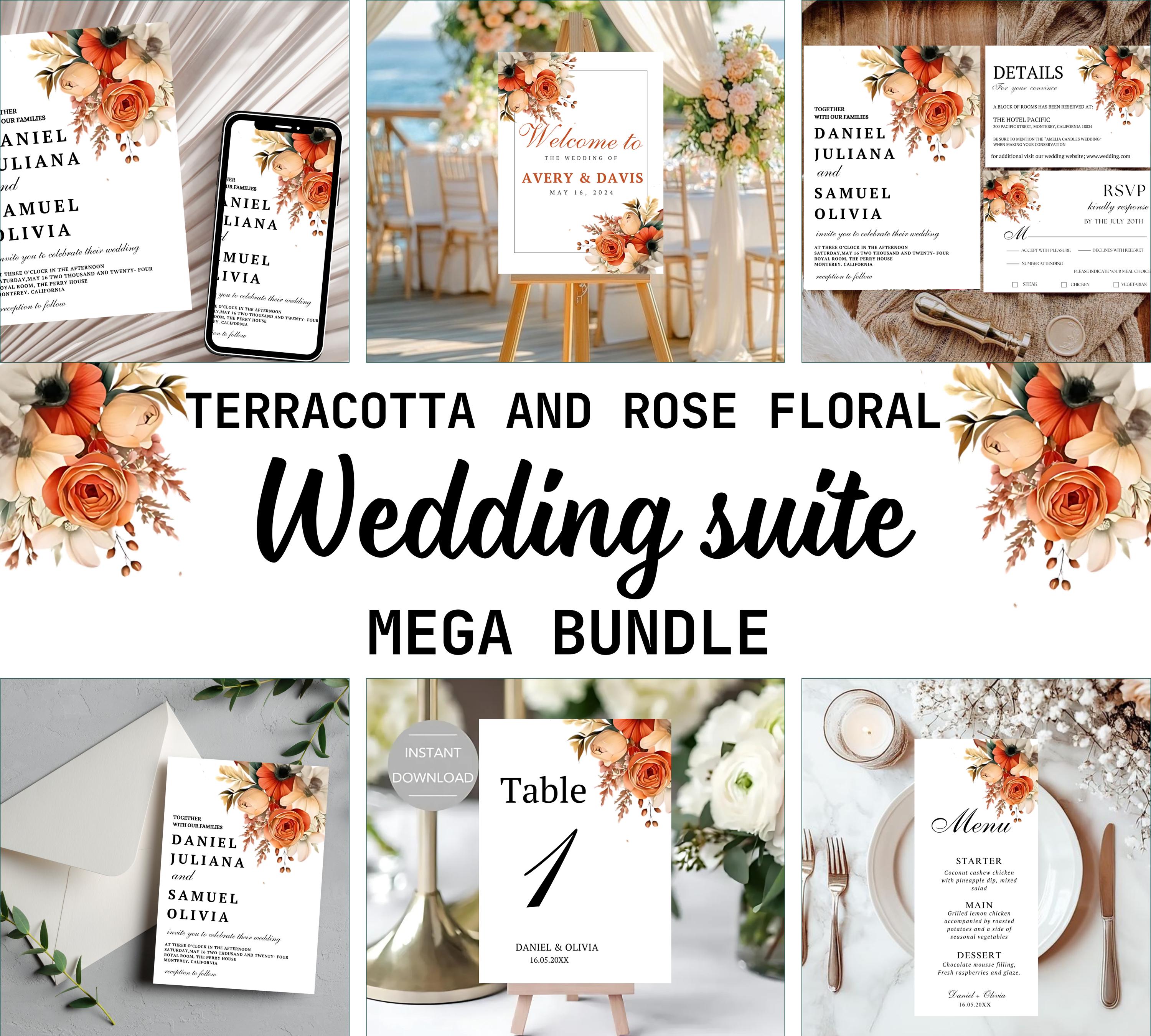 Terracotta and Rose Floral Wedding invitation bundle, Floral Elegant Wedding Invite set, Printable Modern Burnt Orange Rose Wedding Invite