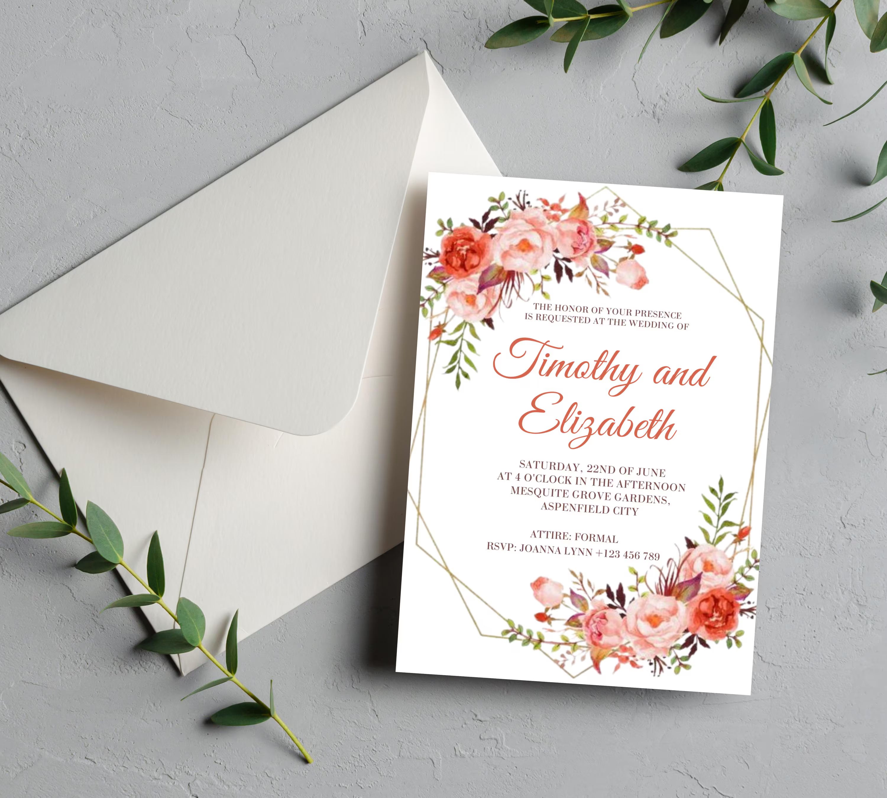 Printable Coral and Gold Floral Wedding Invitation bundle, Watercolor Floral wedding Invitation set, pink Floral RSVP Details Template
