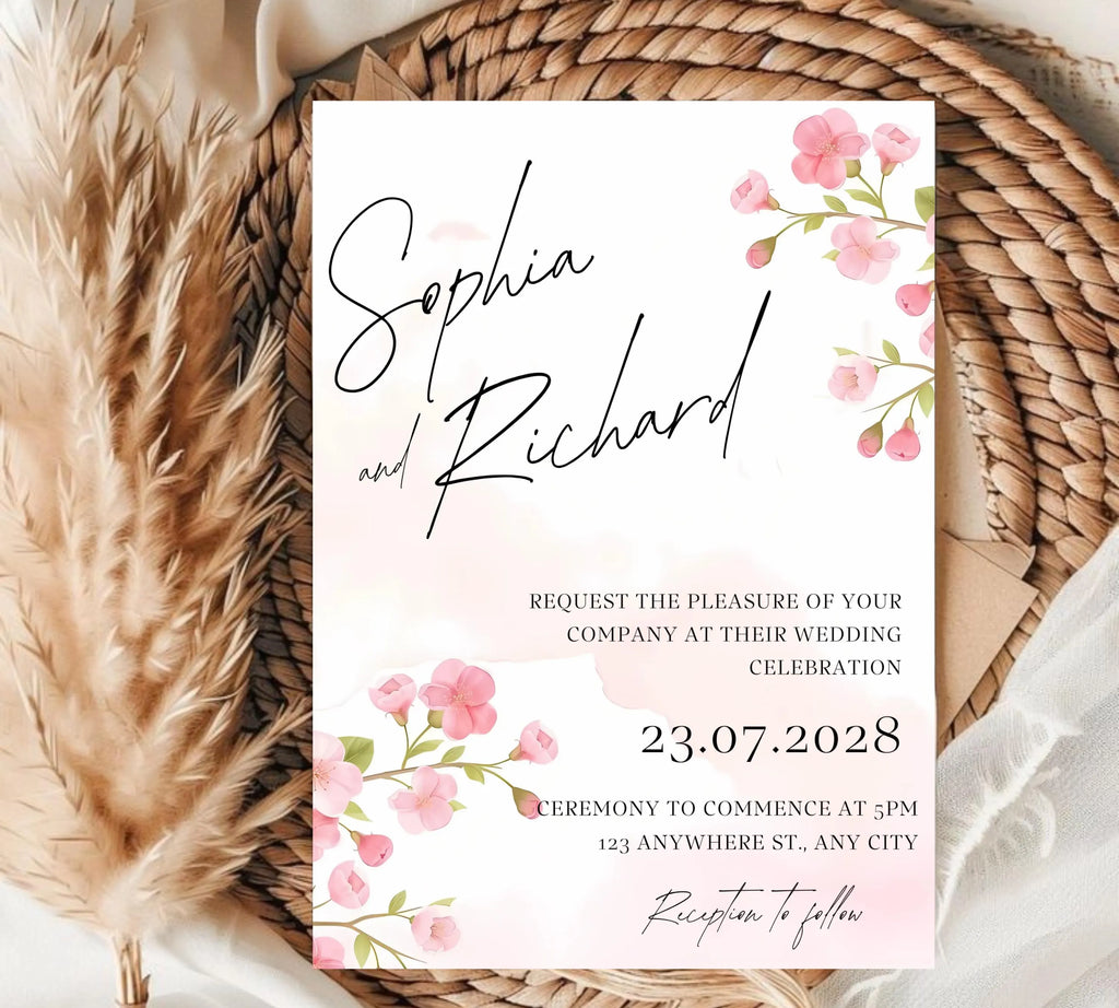 Editable Cherry Blossom Wedding Invitation suite, Pink Floral Wedding Invite set, Romantic Pink Cherry Blossom Wedding Invitations