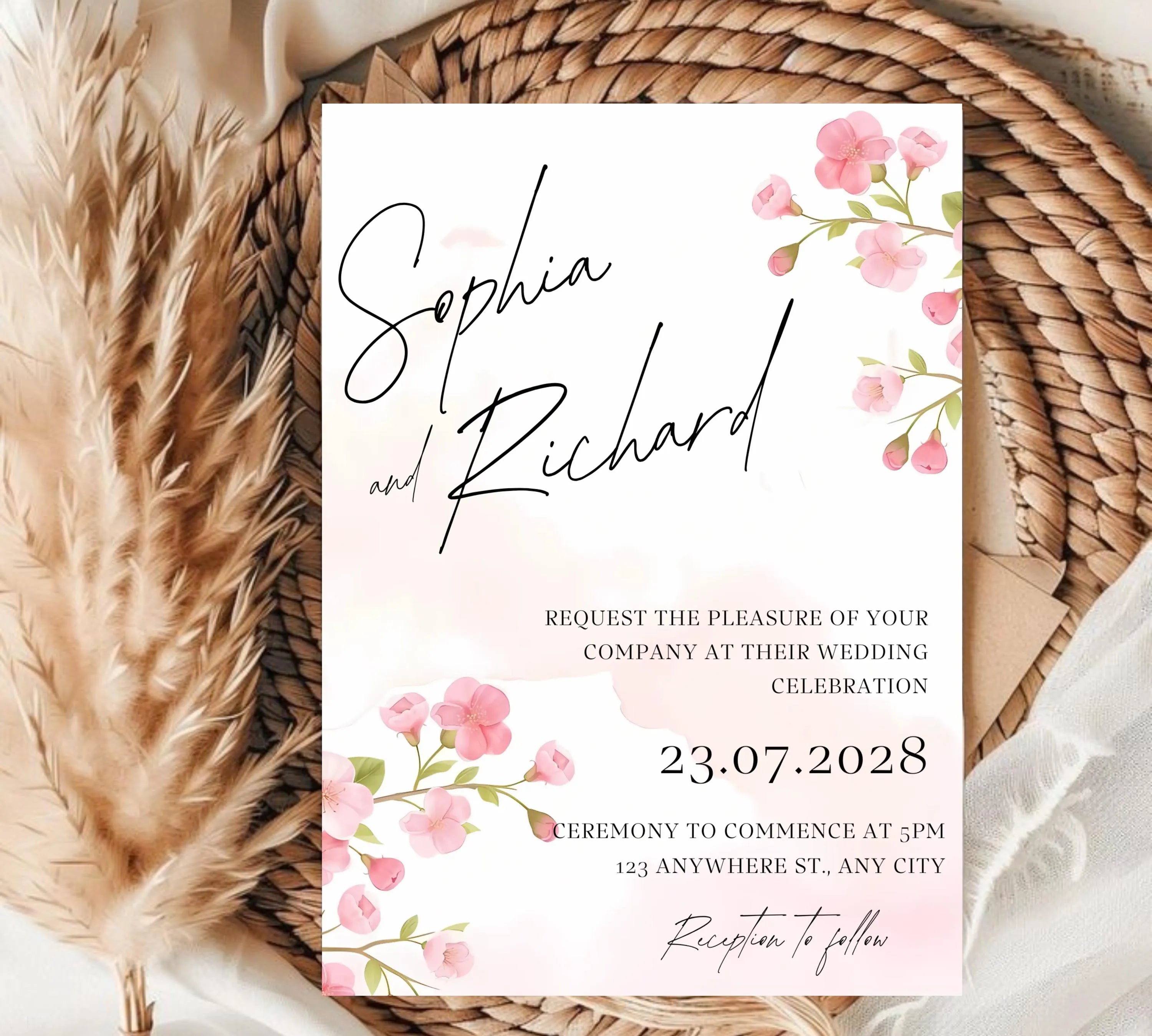 Editable Cherry Blossom Wedding Invitation suite, Pink Floral Wedding Invite set, Romantic Pink Cherry Blossom Wedding Invitations