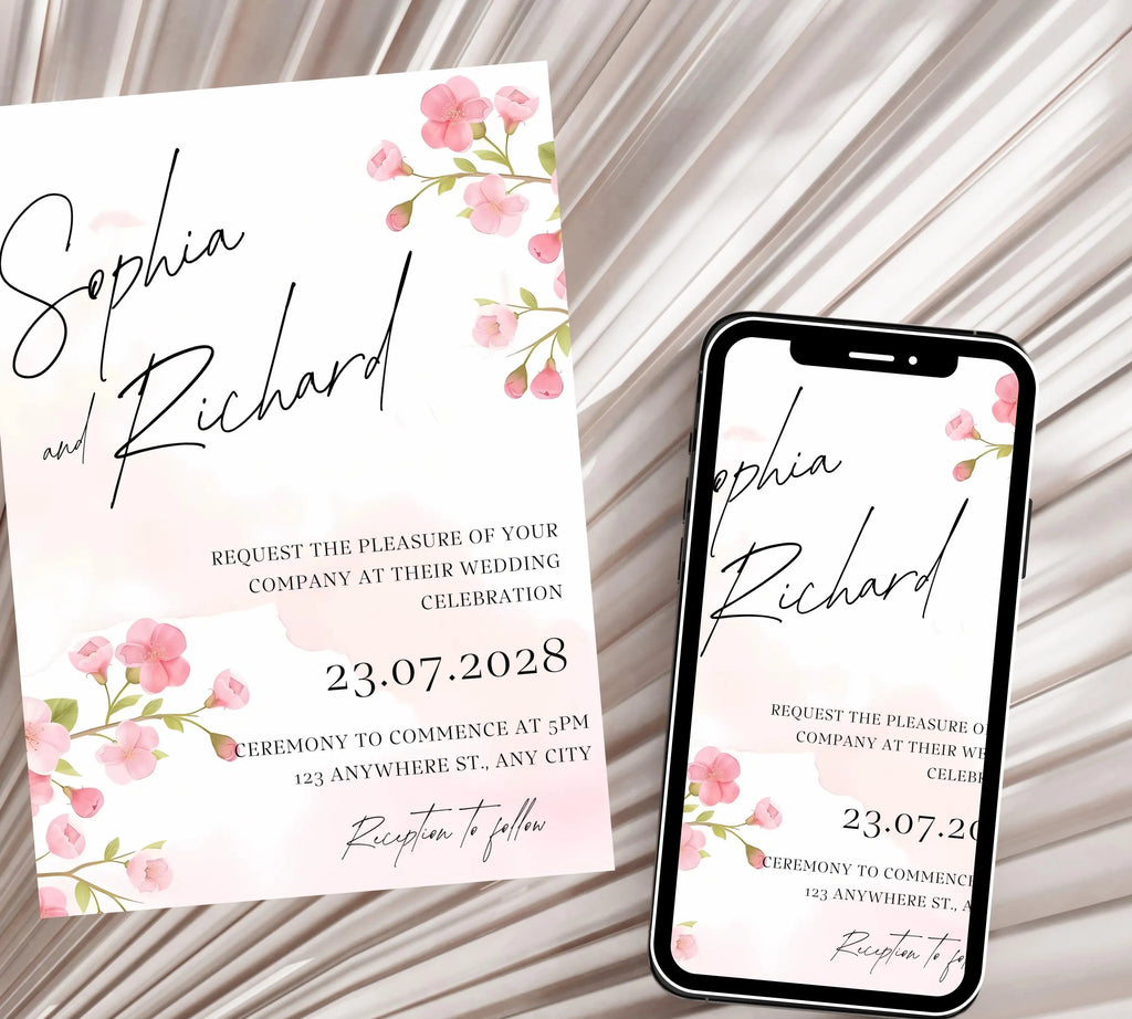 Editable Cherry Blossom Wedding Invitation suite, Pink Floral Wedding Invite set, Romantic Pink Cherry Blossom Wedding Invitations