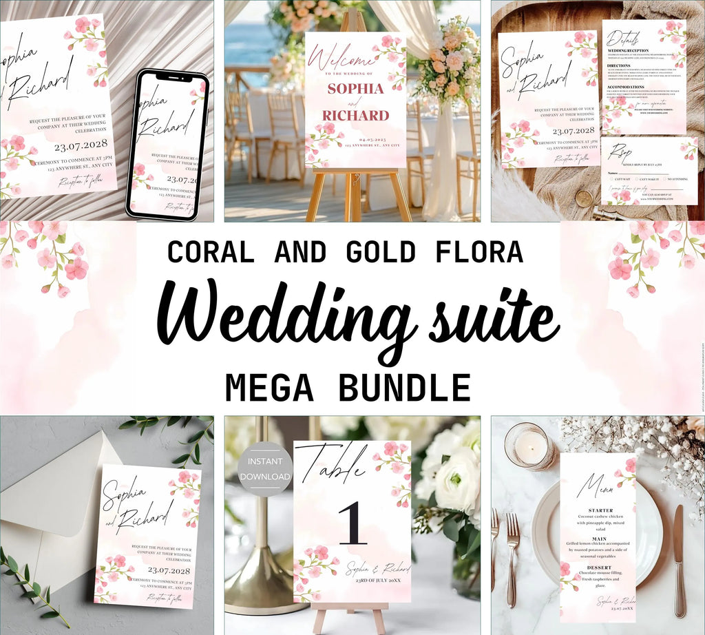 Editable Cherry Blossom Wedding Invitation suite, Pink Floral Wedding Invite set, Romantic Pink Cherry Blossom Wedding Invitations