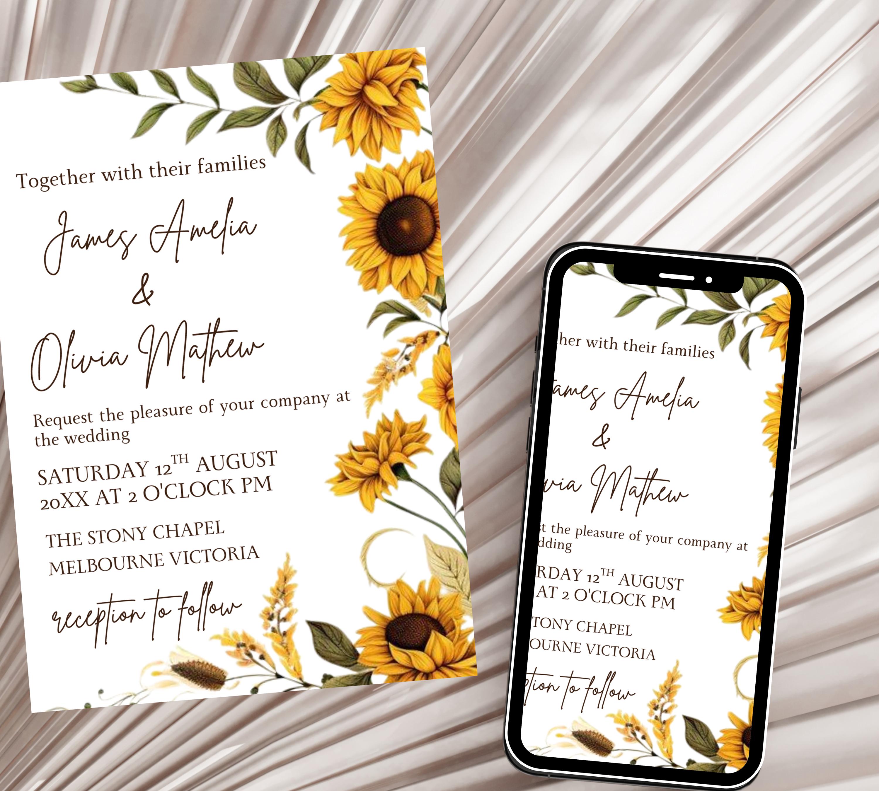 Sunflower Wedding Invitation bundle, Fall Wedding Invitation set, Autumn Wedding Invitation Template suite, Sage Yellow Floral Invite