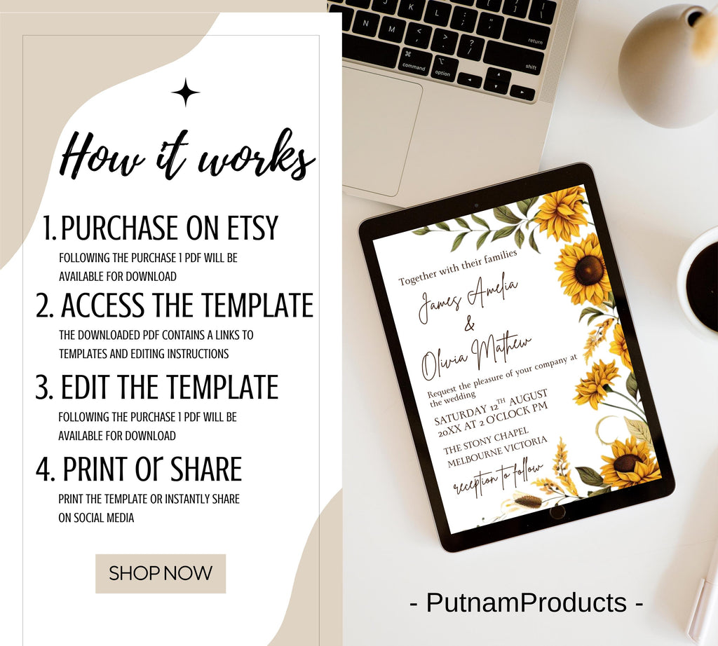 Sunflower Wedding Invitation bundle, Fall Wedding Invitation set, Autumn Wedding Invitation Template suite, Sage Yellow Floral Invite