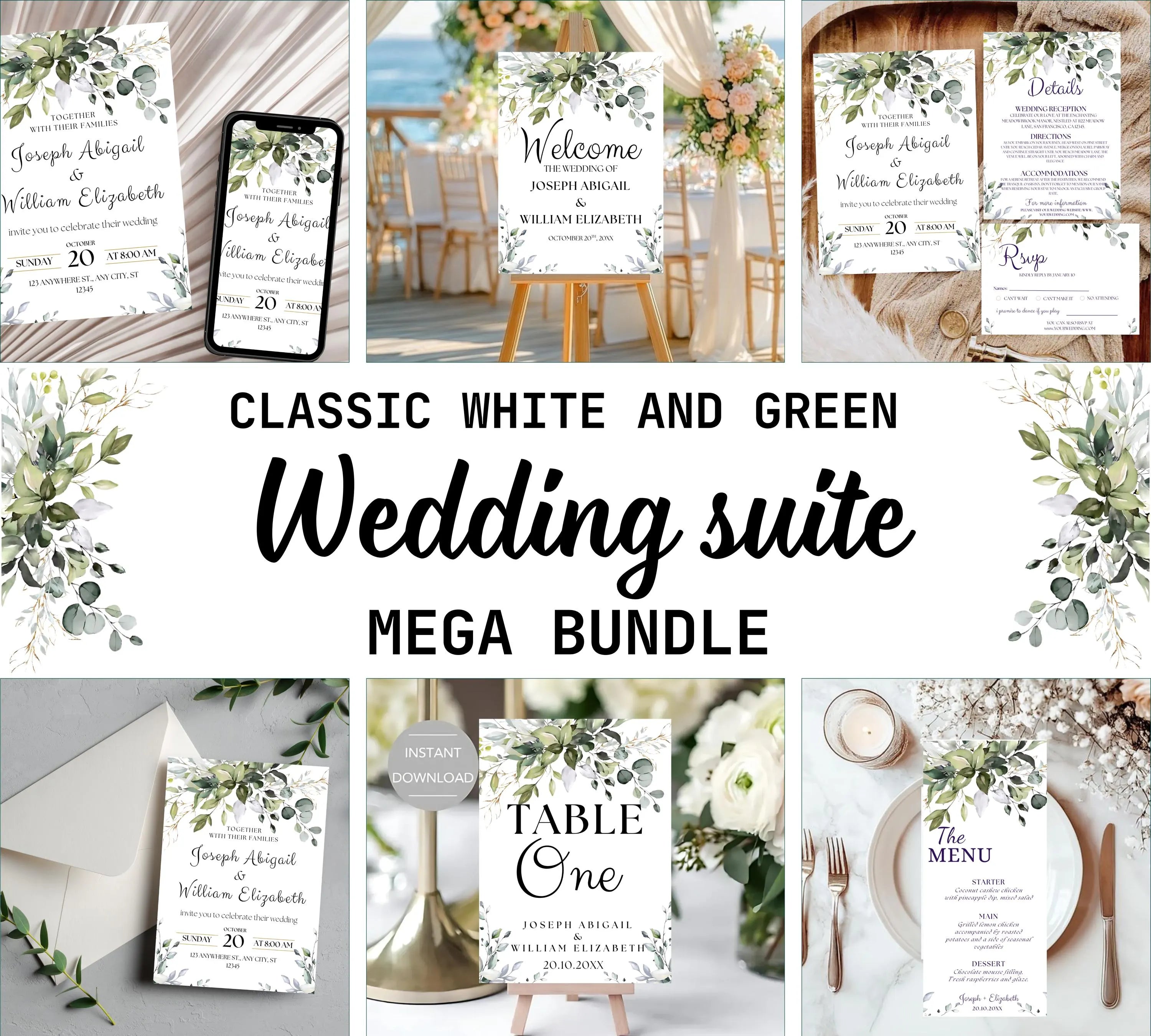Classic White and Green Wedding Invitation Template Set, Minimalist Garden Invite Suite, Elegant winter wedding invitation bundle