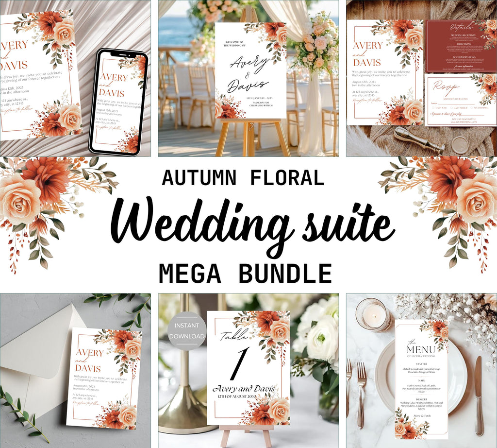 Autumn floral wedding invitation bundle, Fall Floral Wedding Invite, Boho Terracotta Rust Orange Red Burgundy, Printable Suite,