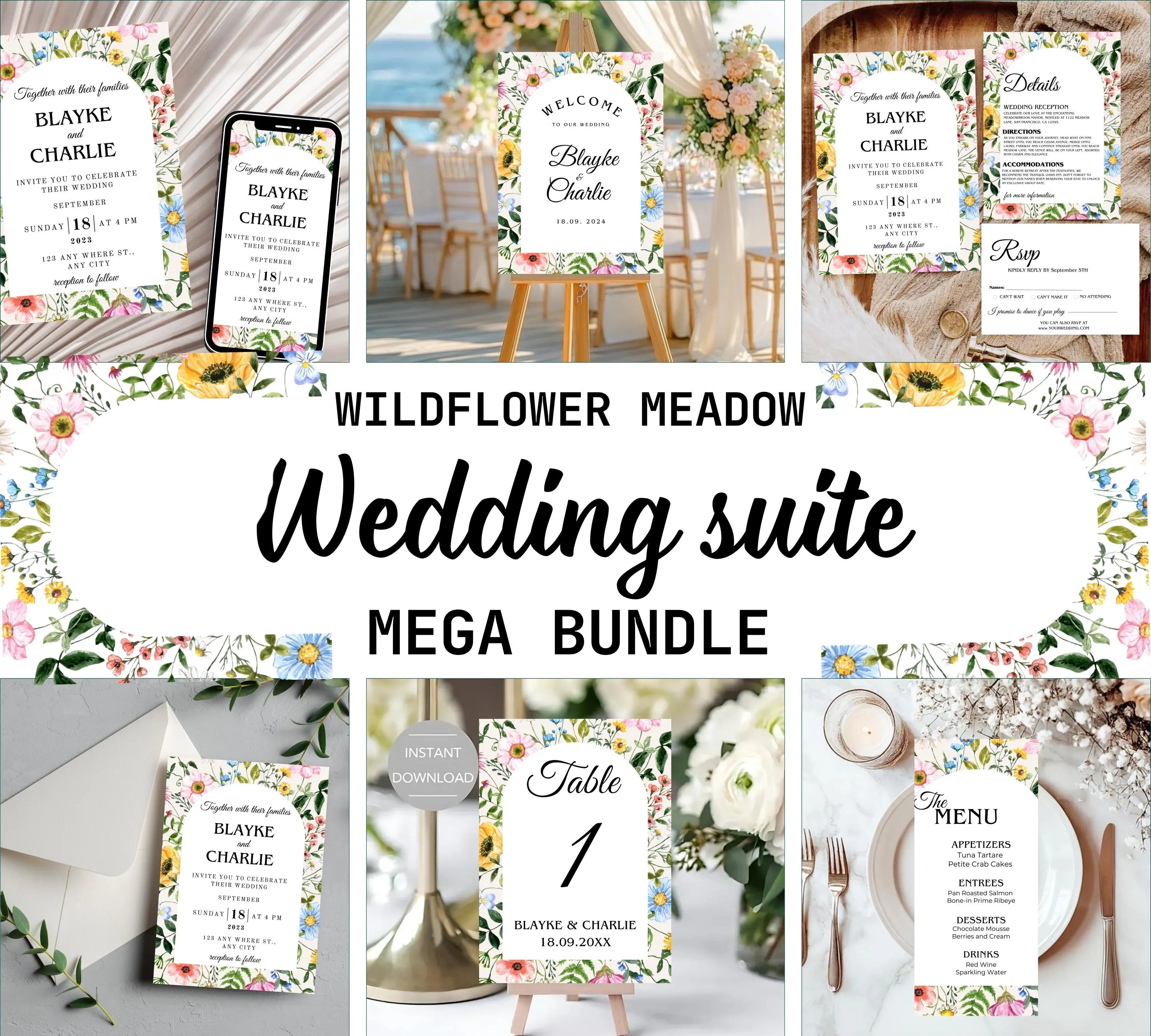 Editable Wildflower Meadow Wedding Invitation bundle, Pastel Wildflower Wedding Invitation set, Elegant Garden Flowers Wedding Invite