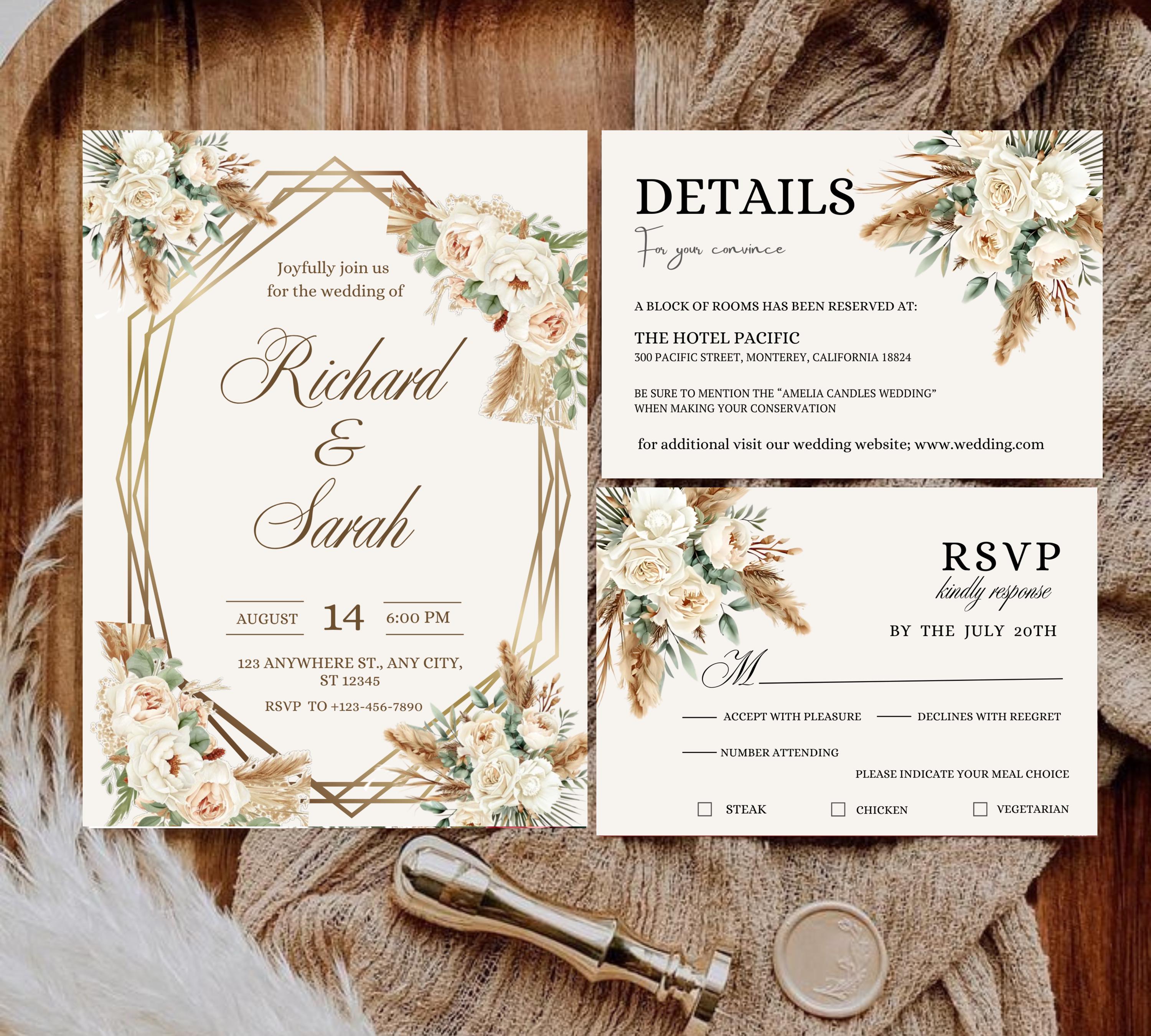 Boho Watercolor Wedding Reception bundle, Bohemian Wedding Template Suite, Watercolor Floral Boho Wedding Invitation bundle, RSVP QR Code