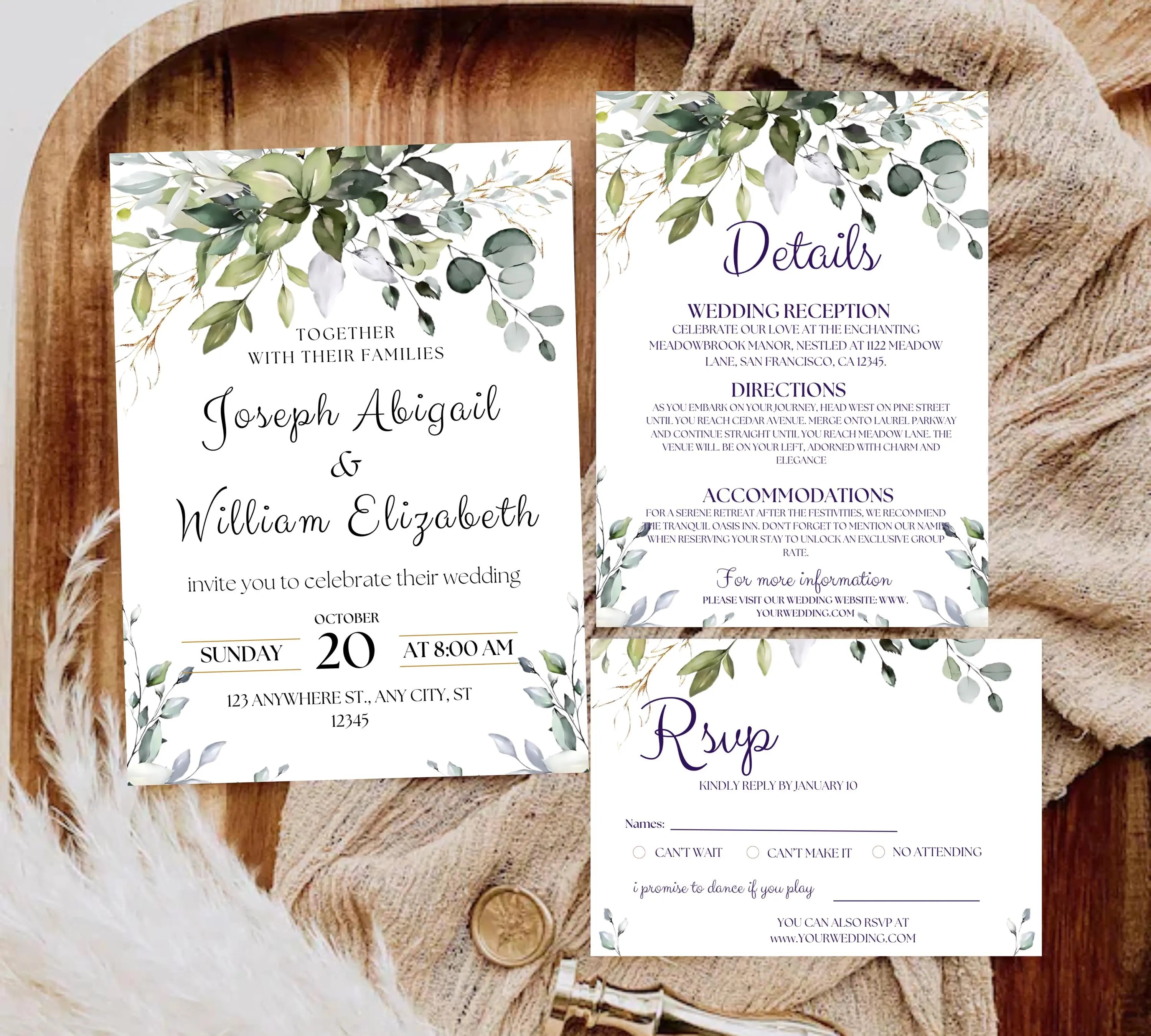 Classic White and Green Wedding Invitation Template Set, Minimalist Garden Invite Suite, Elegant winter wedding invitation bundle