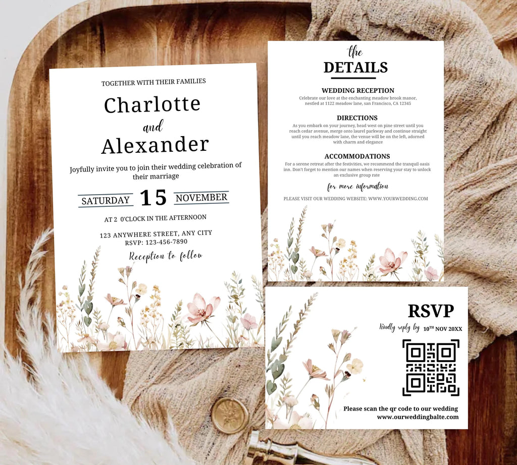 Botanical Wildflower Wedding Invitation Bundle, Floral Reception Wedding Invitation set, Minimal Wedding Table Signage suite