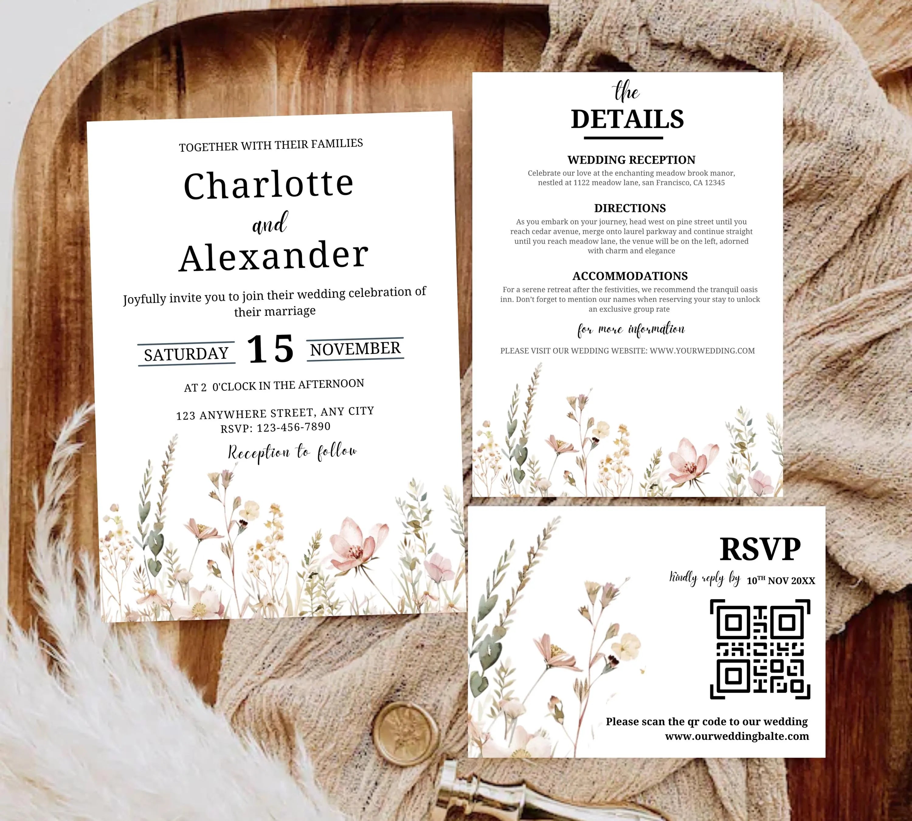 Botanical Wildflower Wedding Invitation Bundle, Floral Reception Wedding Invitation set, Minimal Wedding Table Signage suite
