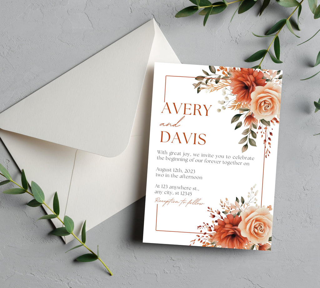 Autumn floral wedding invitation bundle, Fall Floral Wedding Invite, Boho Terracotta Rust Orange Red Burgundy, Printable Suite,