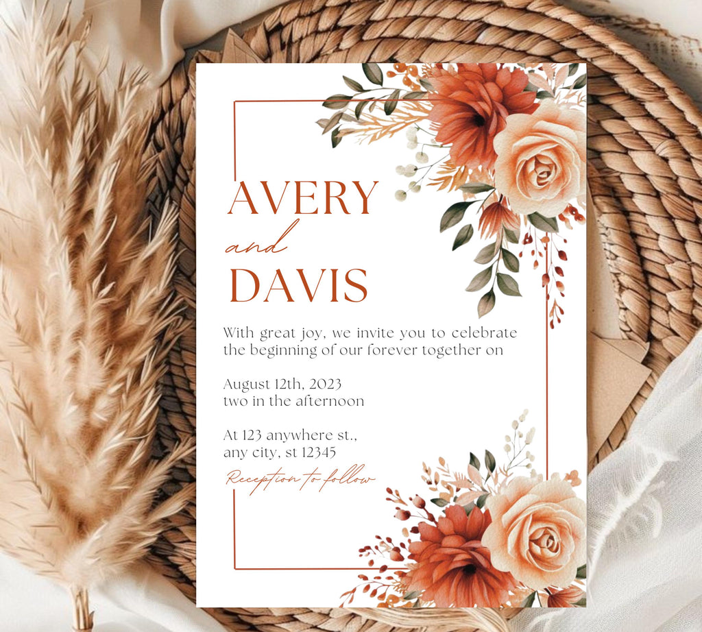 Autumn floral wedding invitation bundle, Fall Floral Wedding Invite, Boho Terracotta Rust Orange Red Burgundy, Printable Suite,