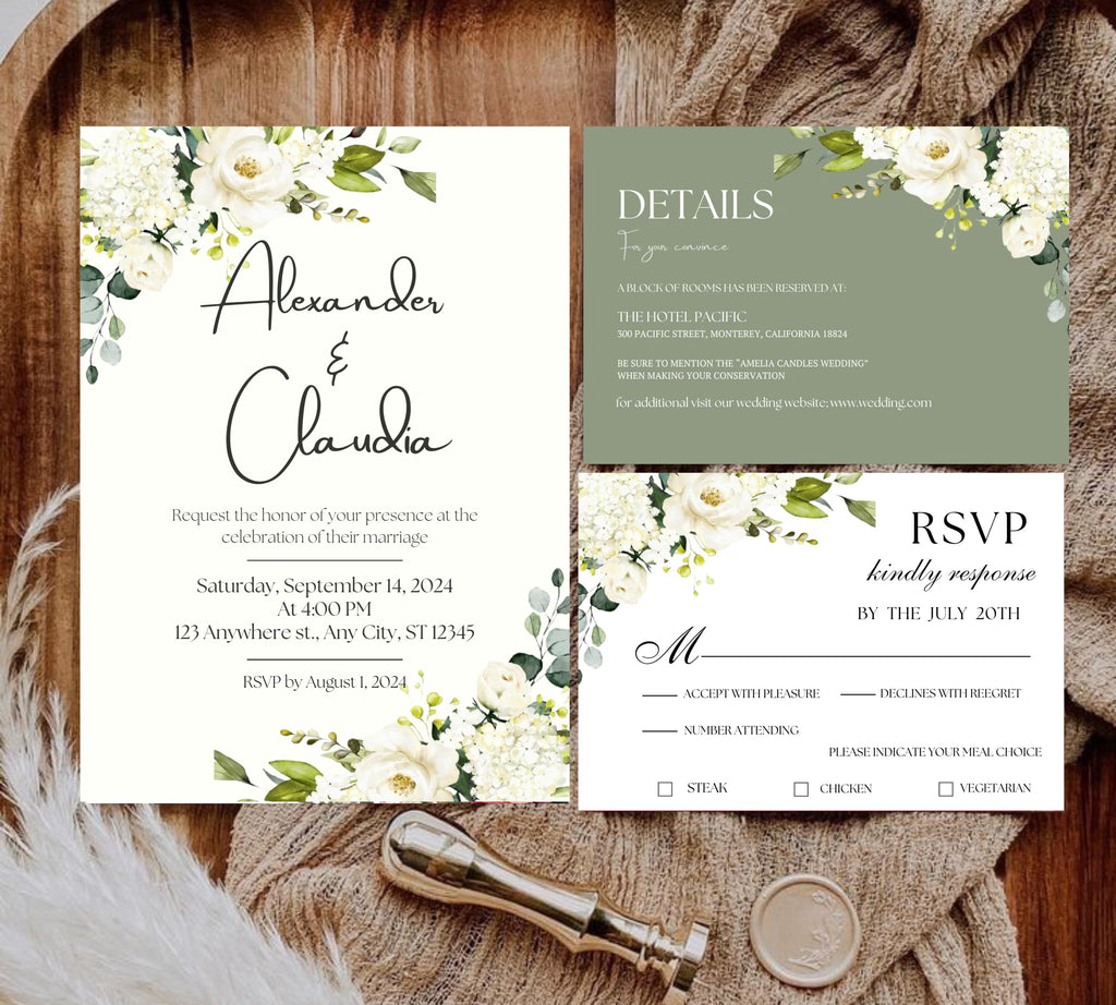 Minimalist Greenery and White Floral Wedding Invite bundle, Sage Green Boho Wedding Invitation Suite, White and Green Invite,Boho Wildflower