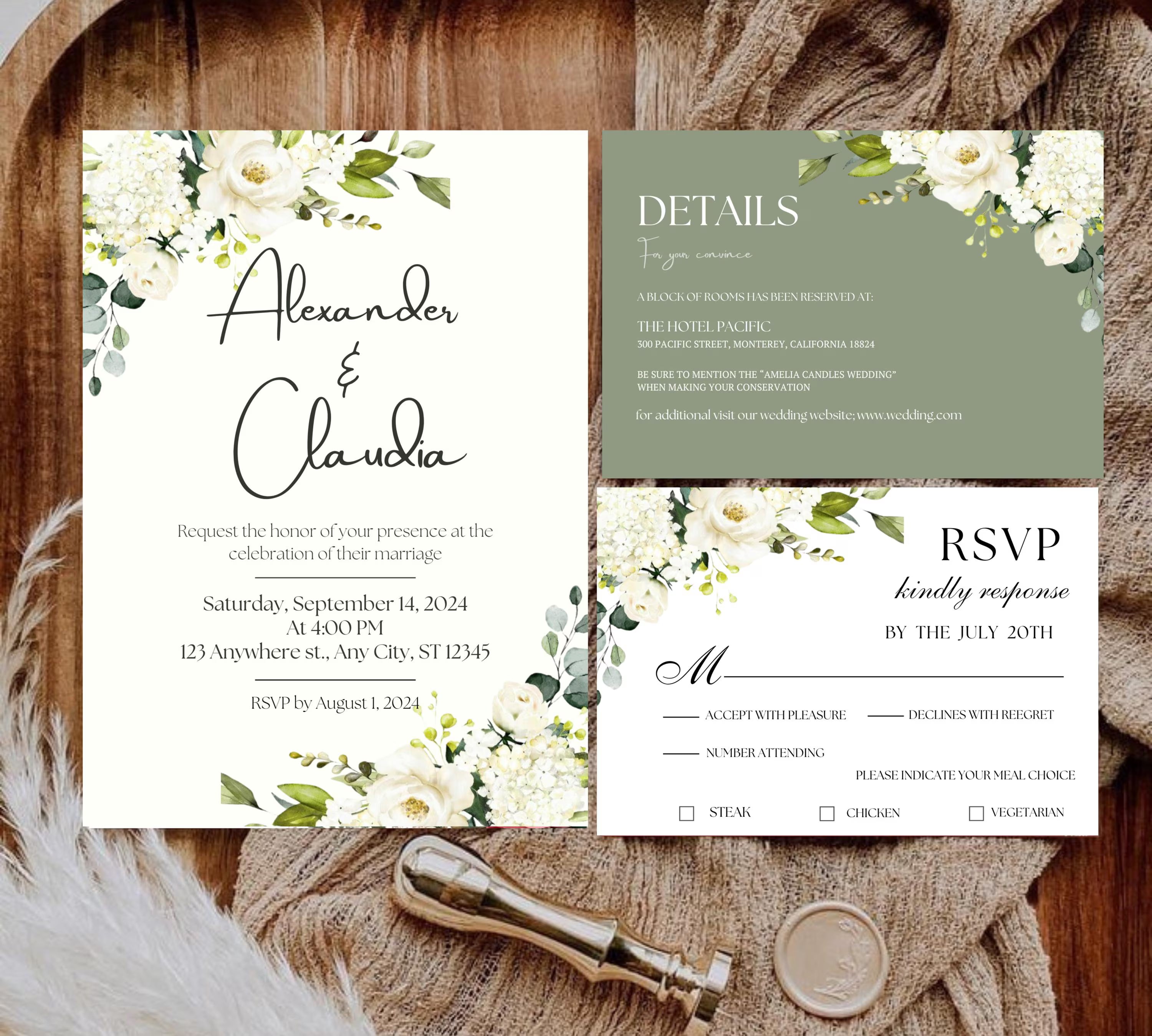 Minimalist Greenery and White Floral Wedding Invite bundle, Sage Green Boho Wedding Invitation Suite, White and Green Invite,Boho Wildflower