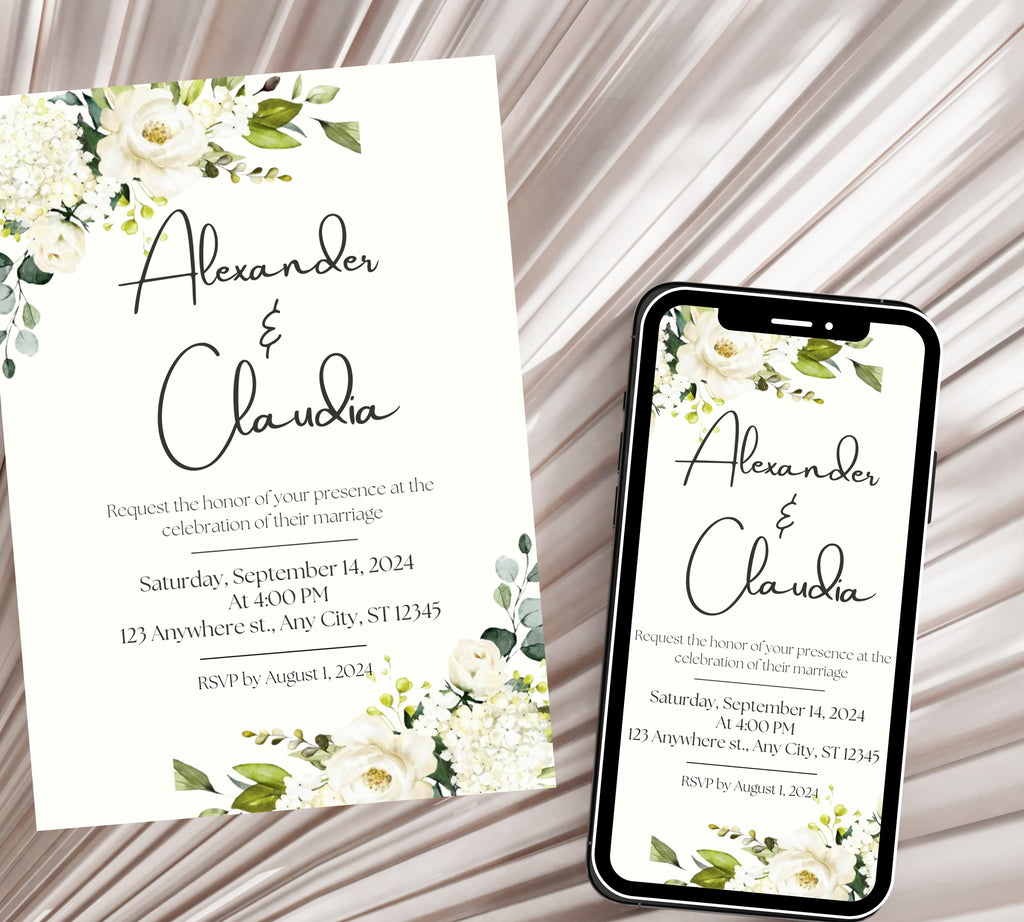 Minimalist Greenery and White Floral Wedding Invite bundle, Sage Green Boho Wedding Invitation Suite, White and Green Invite,Boho Wildflower