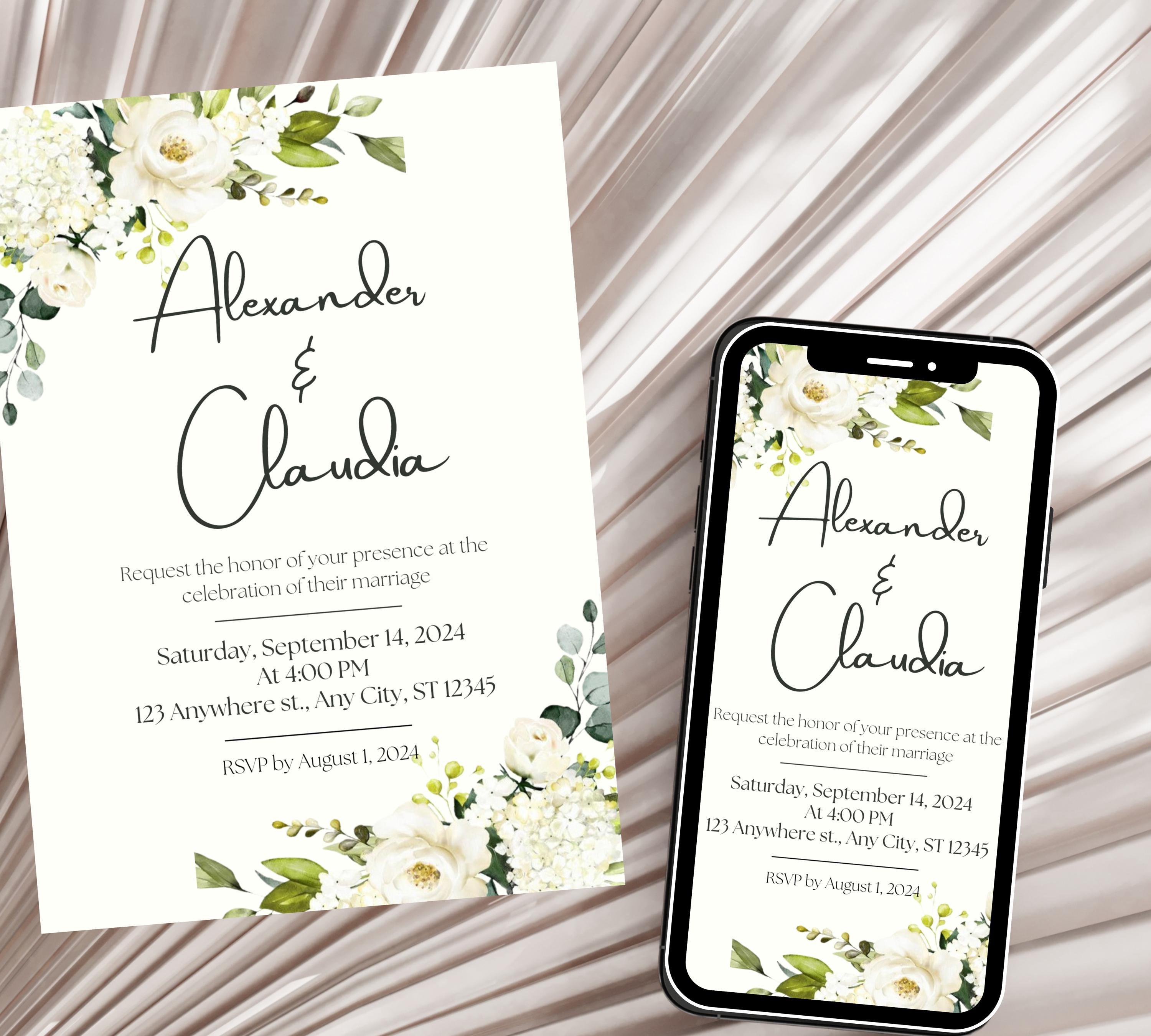 Minimalist Greenery and White Floral Wedding Invite bundle, Sage Green Boho Wedding Invitation Suite, White and Green Invite,Boho Wildflower