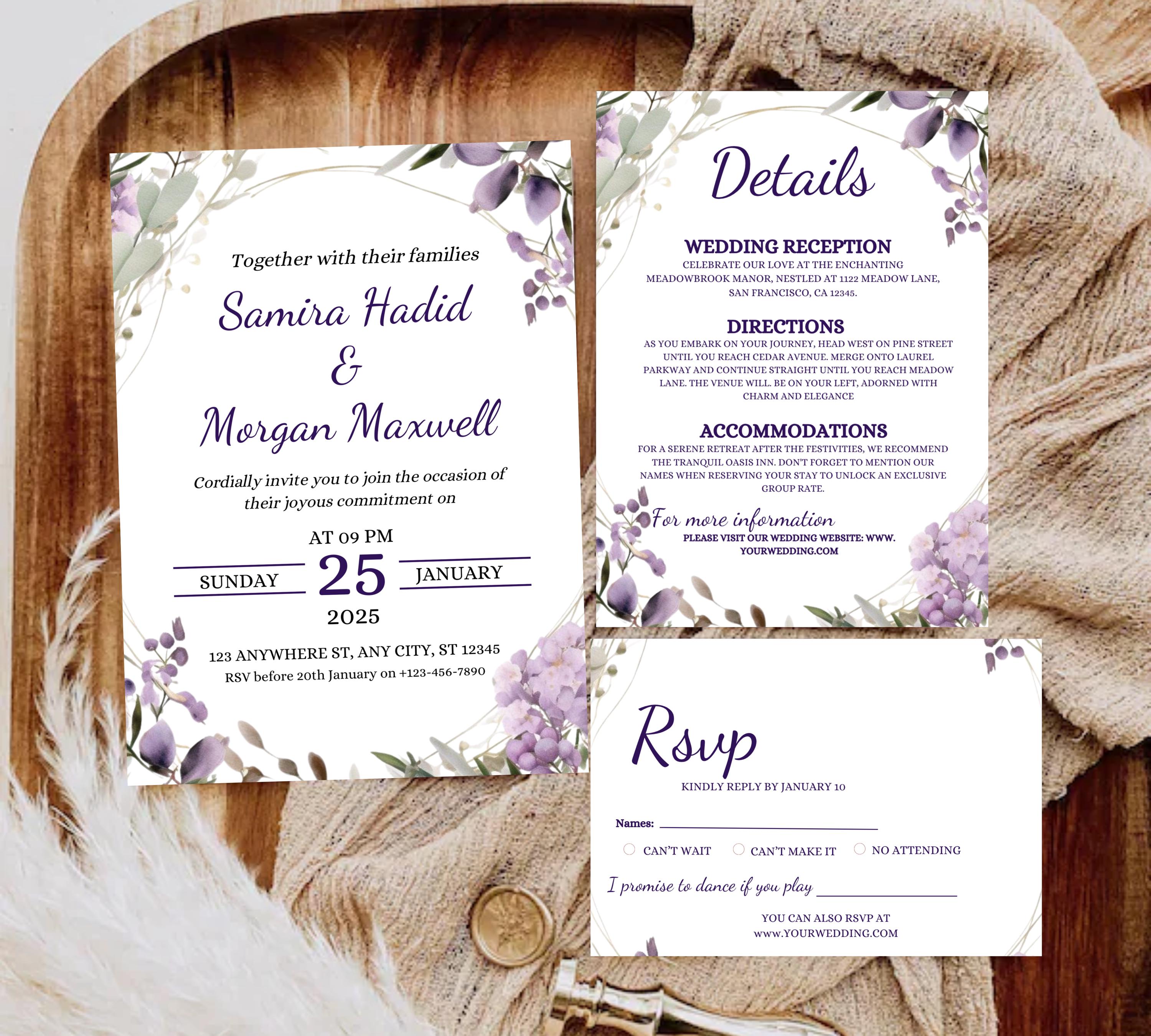 Romantic lavender floral wedding invite bundle, Lavender Wedding Invitation Bundle , Purple Floral Wedding Invite Set, Boho Wedding Suite