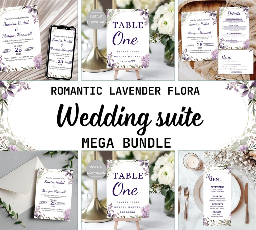 Romantic lavender floral wedding invite bundle, Lavender Wedding Invitation Bundle , Purple Floral Wedding Invite Set, Boho Wedding Suite