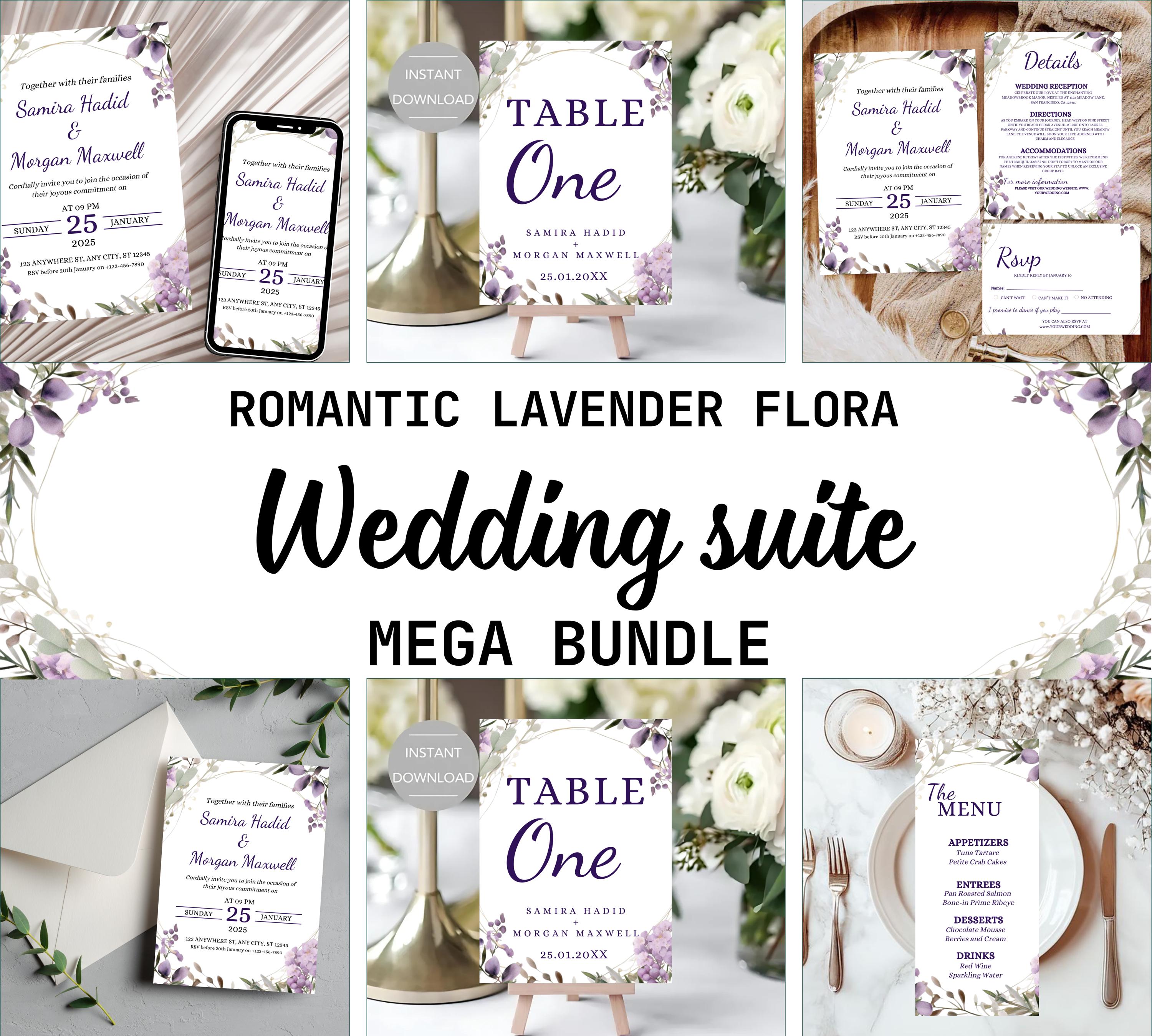Romantic lavender floral wedding invite bundle, Lavender Wedding Invitation Bundle , Purple Floral Wedding Invite Set, Boho Wedding Suite