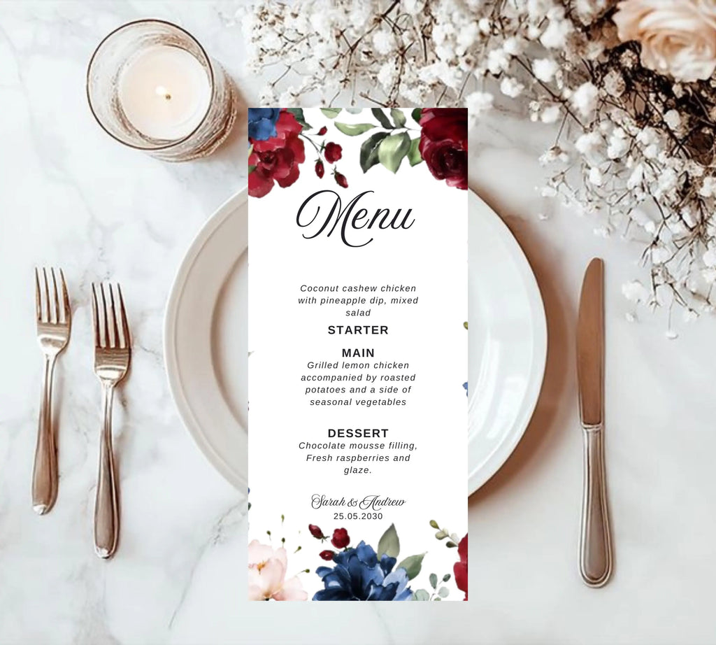 Editable & Printable Navy and Burgundy Wedding Invite Bundle invite, Burgundy Royal Blue Wedding Invite, Burgundy Flowers Invite