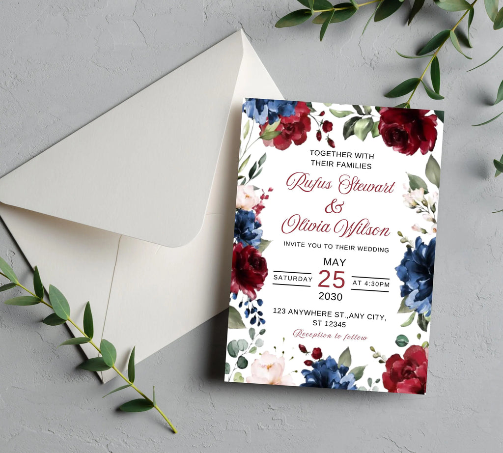 Editable & Printable Navy and Burgundy Wedding Invite Bundle invite, Burgundy Royal Blue Wedding Invite, Burgundy Flowers Invite