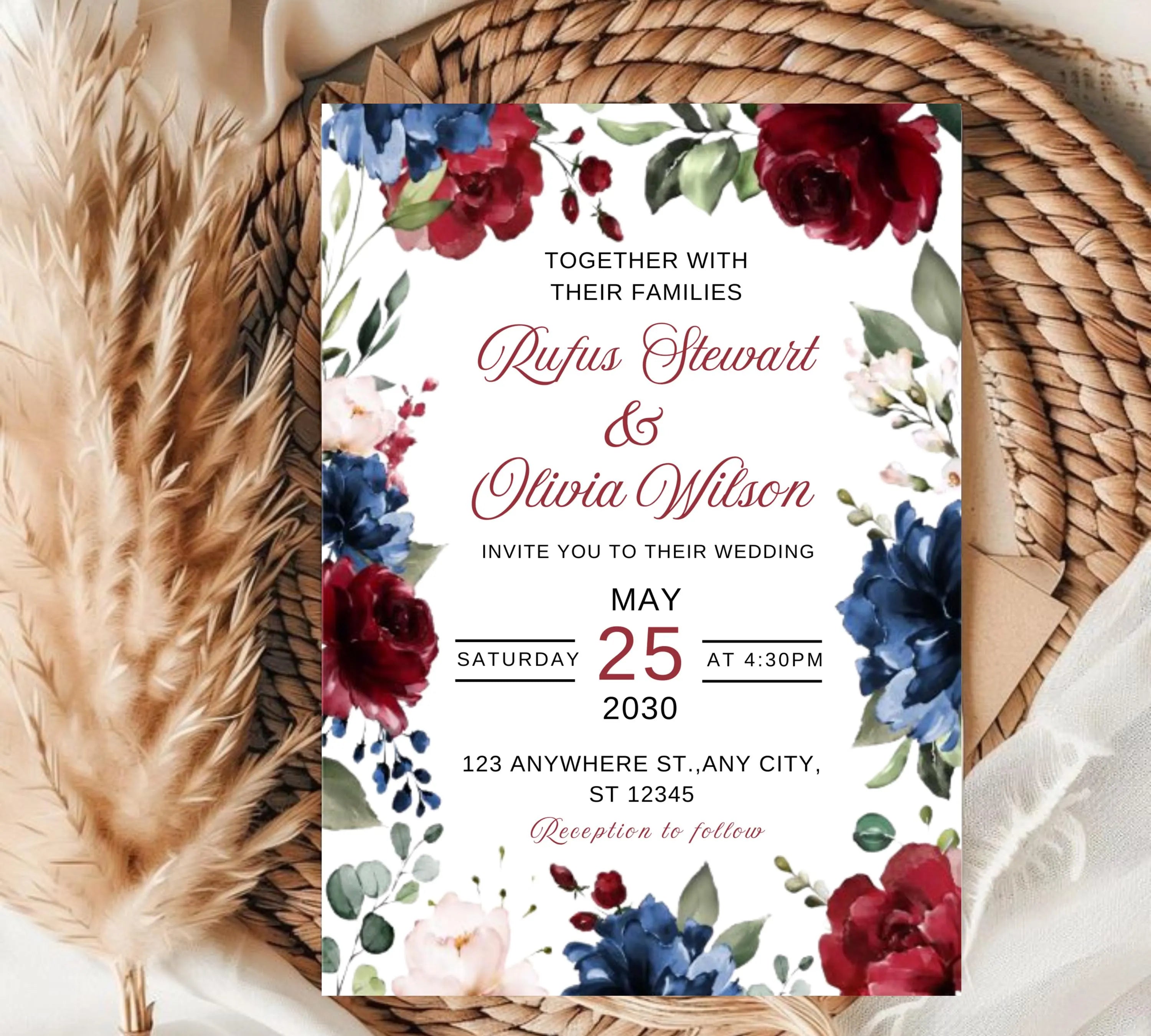 Editable & Printable Navy and Burgundy Wedding Invite Bundle invite, Burgundy Royal Blue Wedding Invite, Burgundy Flowers Invite