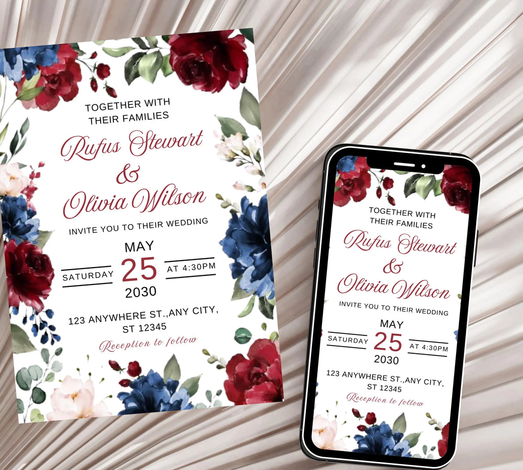 Editable & Printable Navy and Burgundy Wedding Invite Bundle invite, Burgundy Royal Blue Wedding Invite, Burgundy Flowers Invite