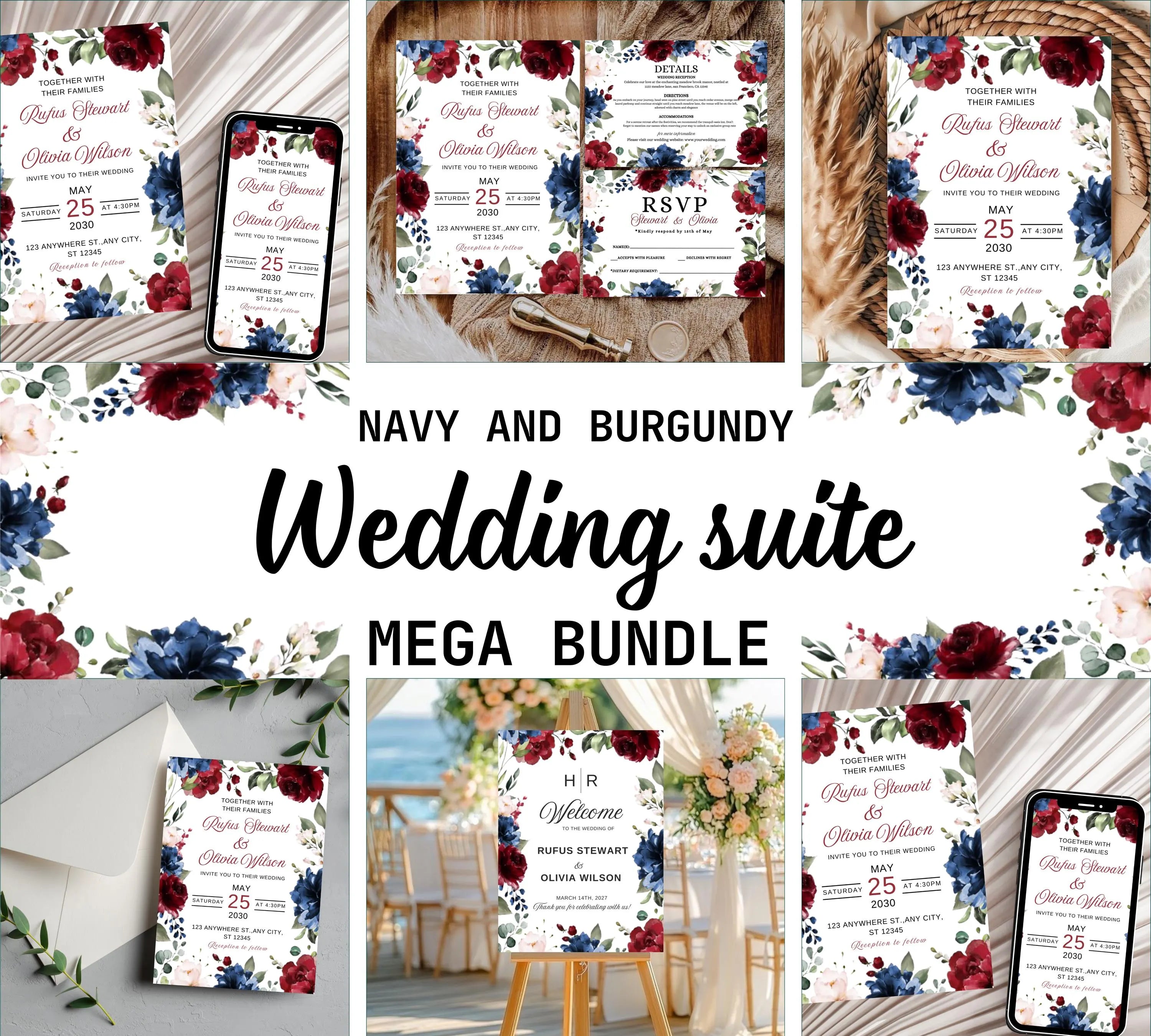 Editable & Printable Navy and Burgundy Wedding Invite Bundle invite, Burgundy Royal Blue Wedding Invite, Burgundy Flowers Invite