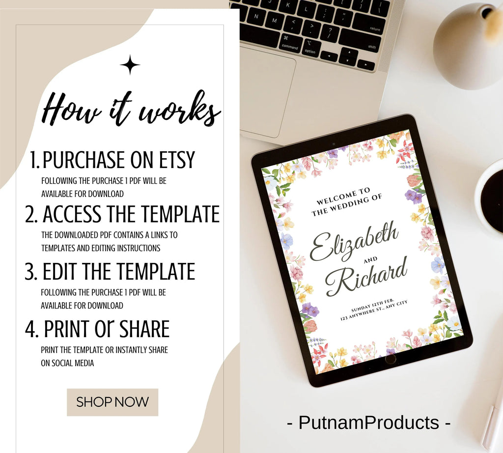 Editable Rustic Wildflower Wedding Invitation bundle, Printable Boho Floral Wedding Invite Set, Elegant Wreath Design for Rustic Weddings,