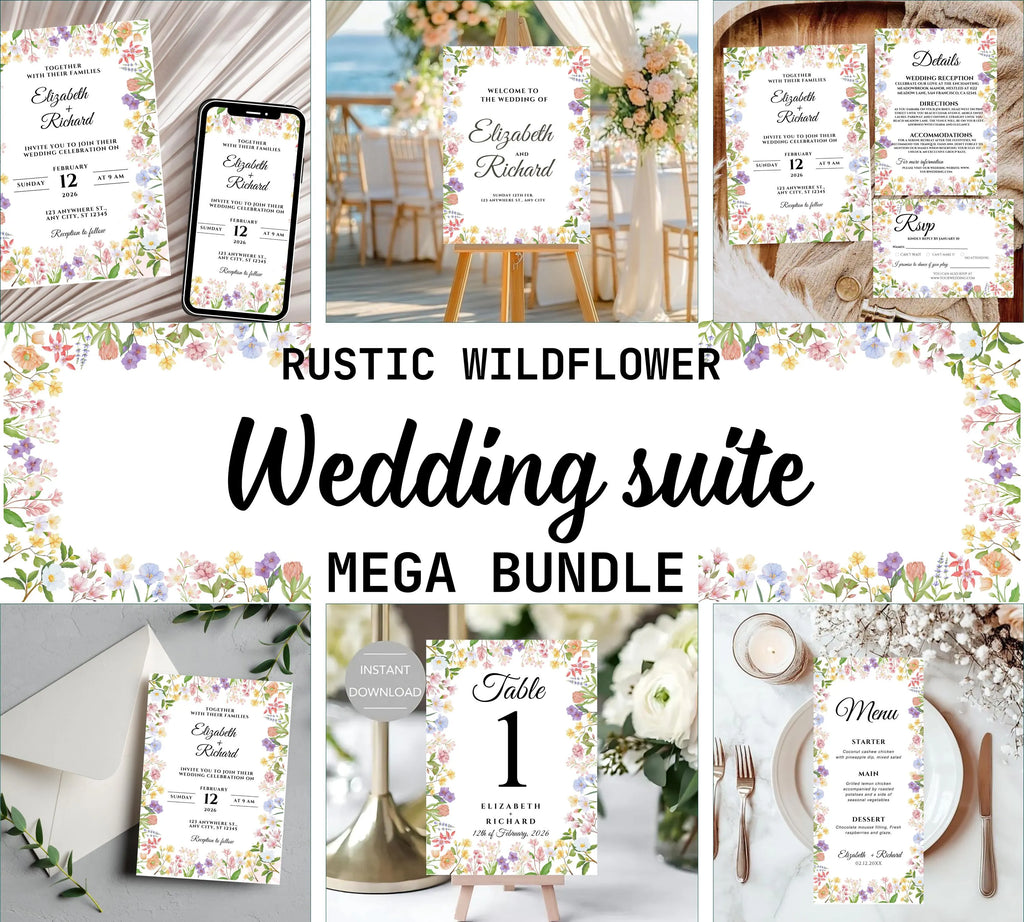 Editable Rustic Wildflower Wedding Invitation bundle, Printable Boho Floral Wedding Invite Set, Elegant Wreath Design for Rustic Weddings,