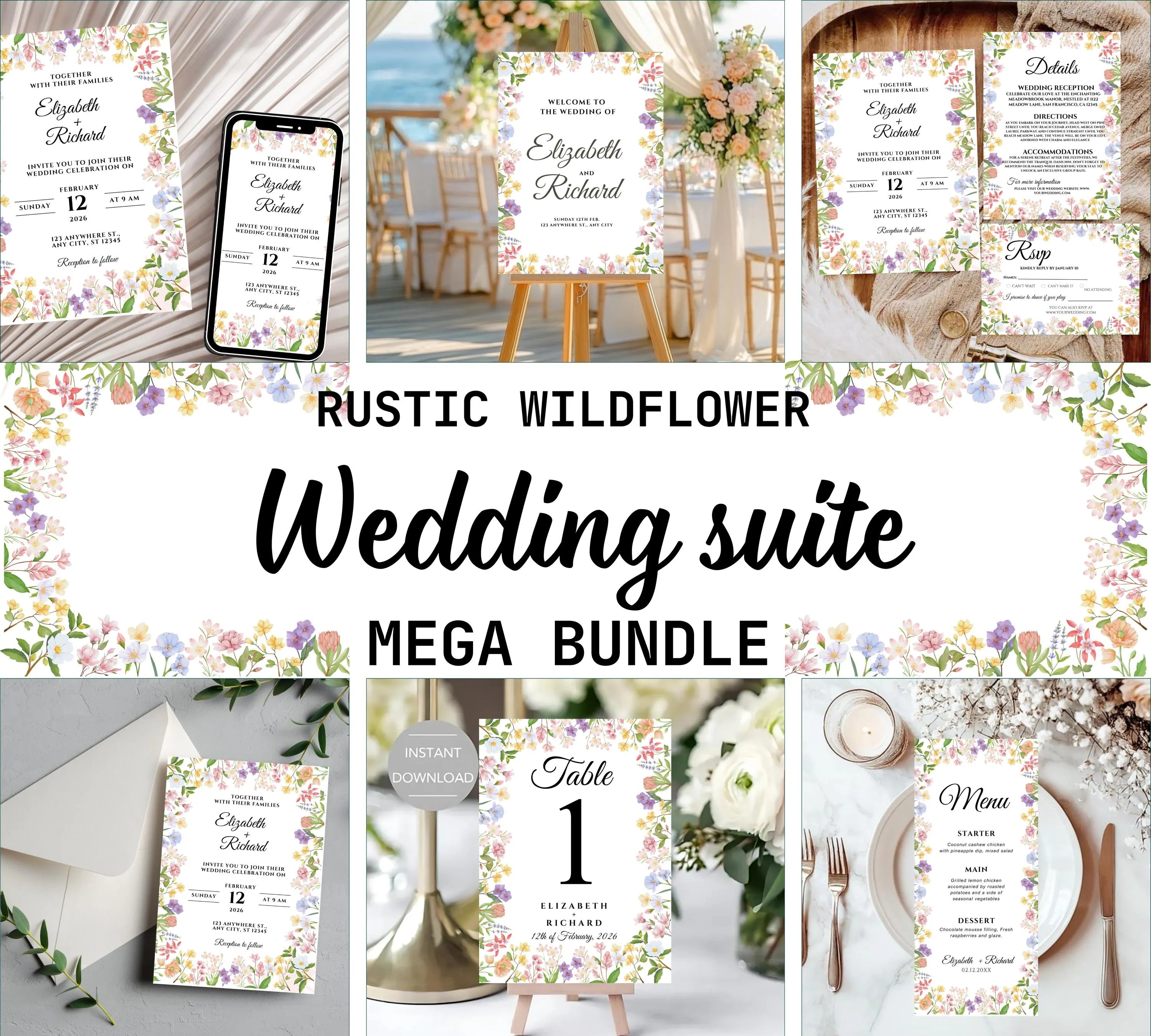 Editable Rustic Wildflower Wedding Invitation bundle, Printable Boho Floral Wedding Invite Set, Elegant Wreath Design for Rustic Weddings,